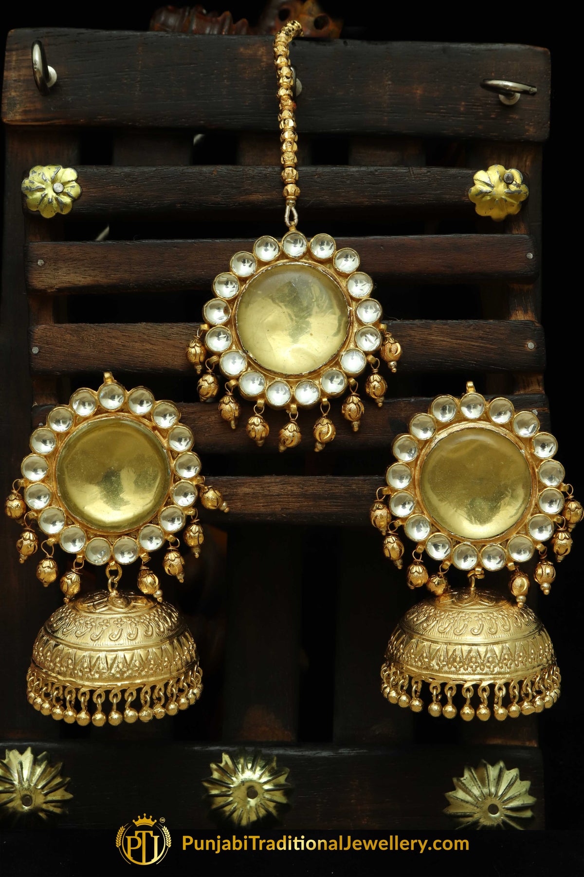 Ifra Gold Finished Pearl Golden Jhumki Kundan Earring Tikka Set | Punjabi Traditional Jewellery Exclusive
