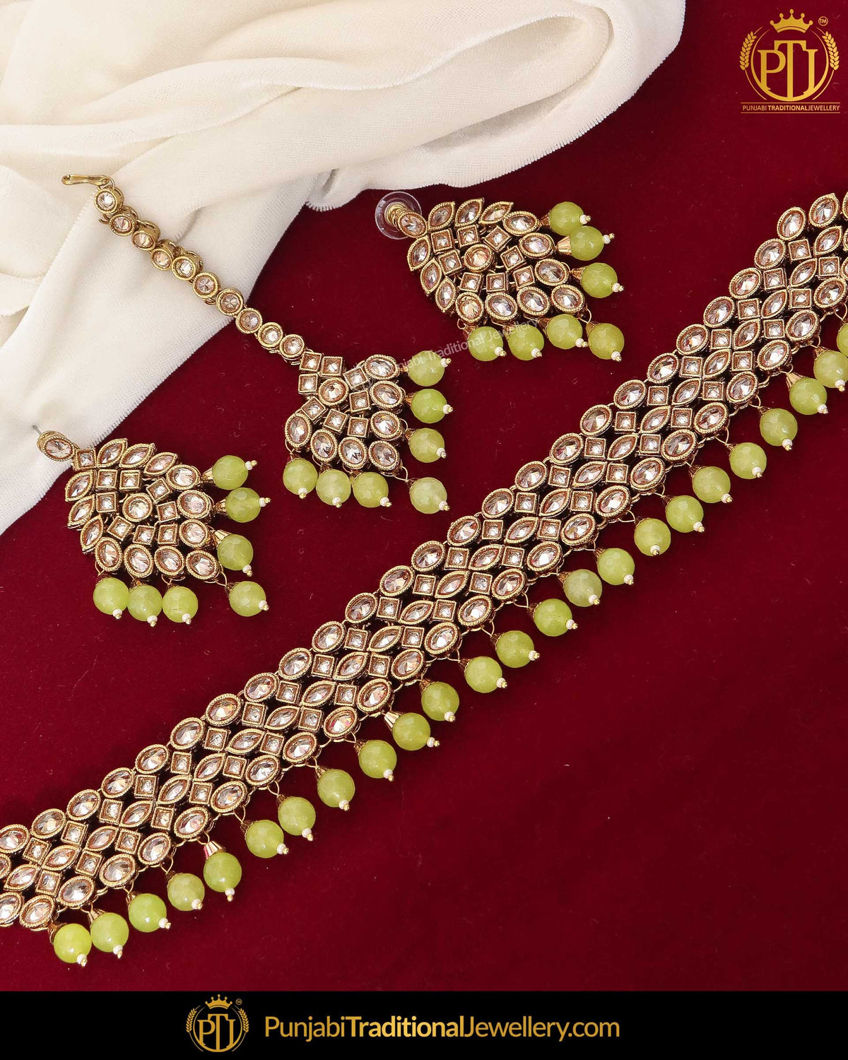 Gold Finished Pista Green Chamapgne Stone Pearl Choker Necklace Set | Punjabi Traditional Jewellery Exclusive