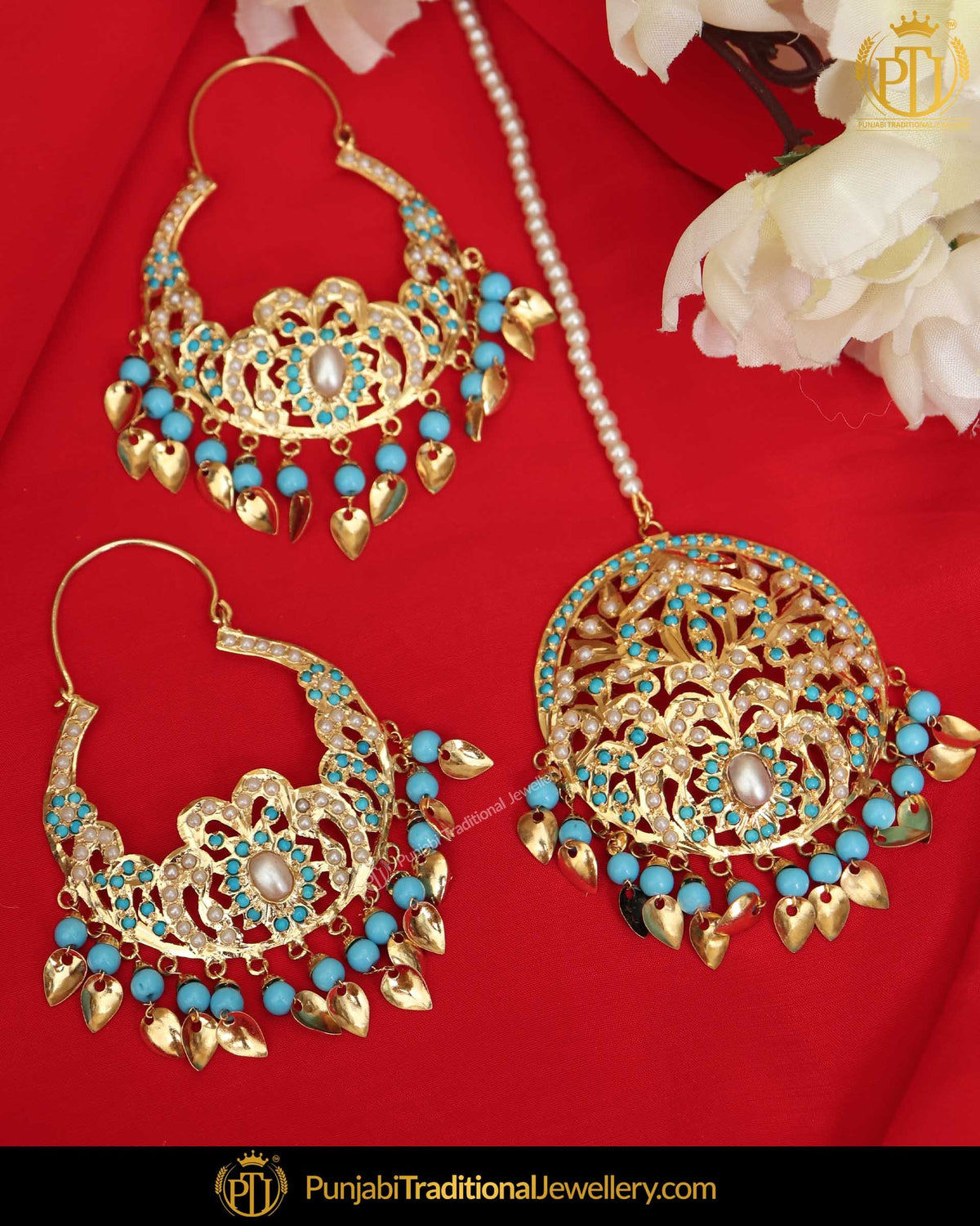 Gold Finished Firozi Pippal Patti Jadau Pearl Earring Tikka Set | Punjabi Traditional Jewellery Exclusive