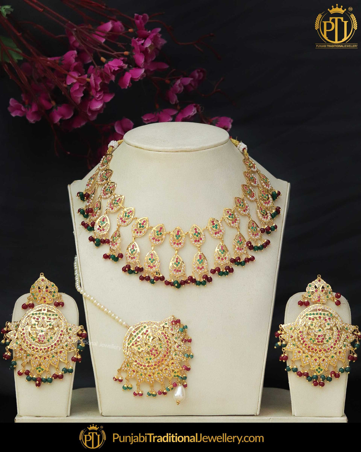 Gold Finished Rubby Panna Jadau Pearl Necklace Set | Punjabi Traditional Jewellery Exclusive