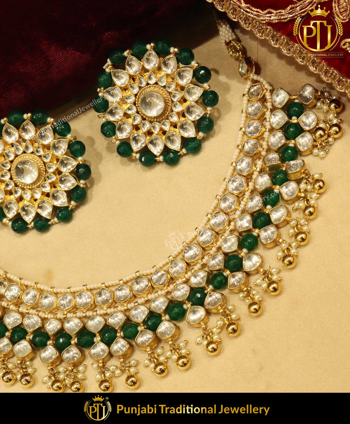 Gold Finished Emerald Kundan Stud Earrings & Choker Set | Punjabi Traditional Jewellery Exclusive