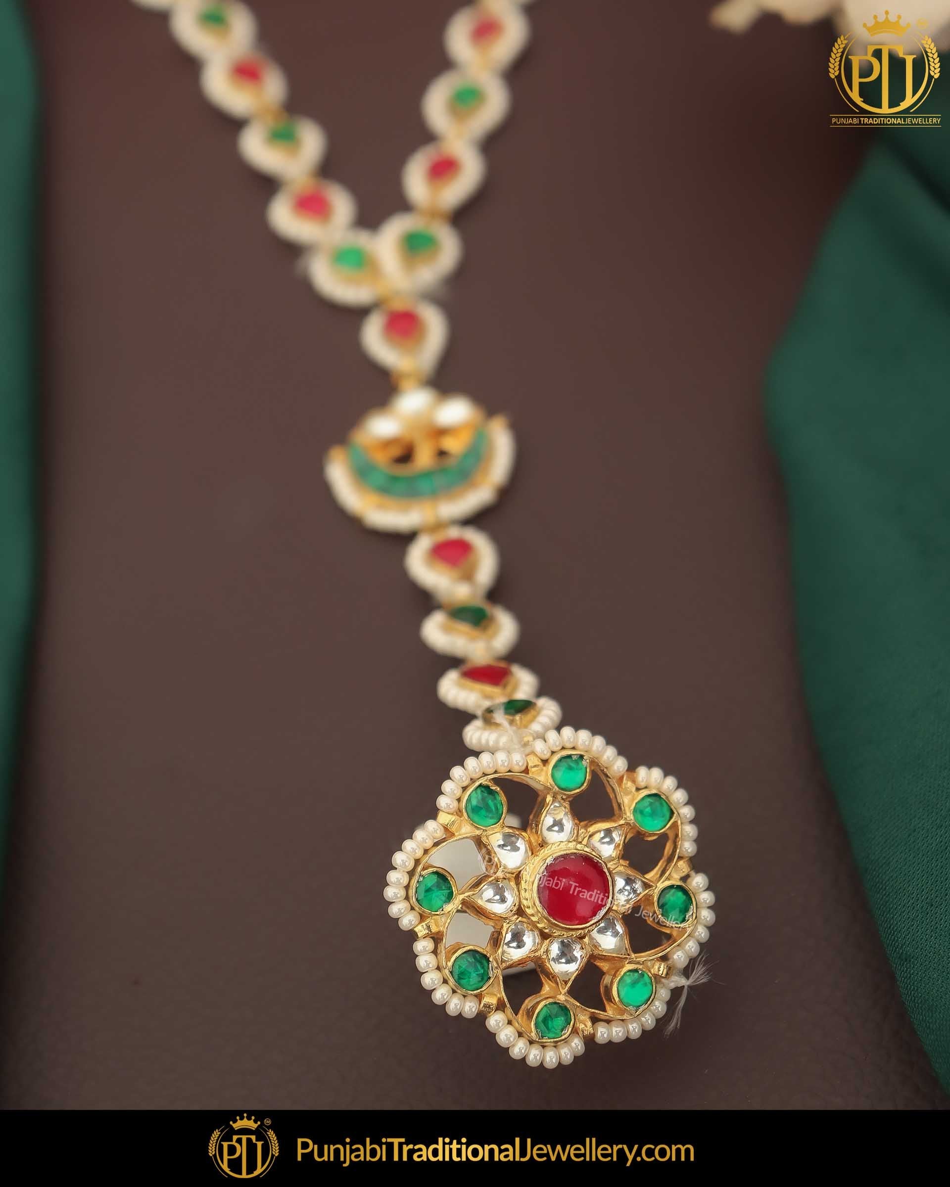 Gold Finished Kundan Rubby Emerlad Pair Hand Pieces | Punjabi Traditional Jewellery Exclusive