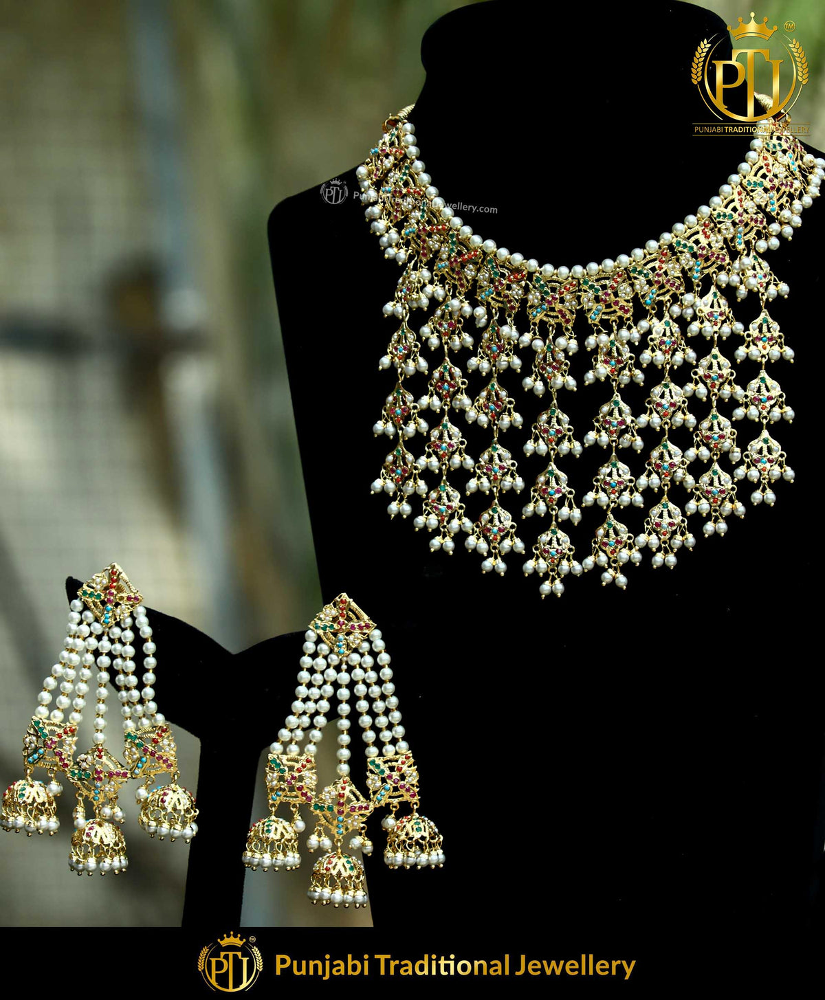 Navratan Pearl Jadau  Necklace Set | Punjabi Traditional Jewellery Exclusive