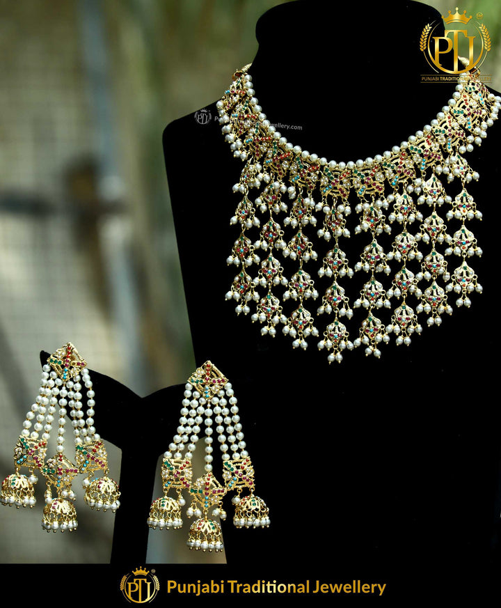 Navratan Pearl Jadau  Necklace Set | Punjabi Traditional Jewellery Exclusive