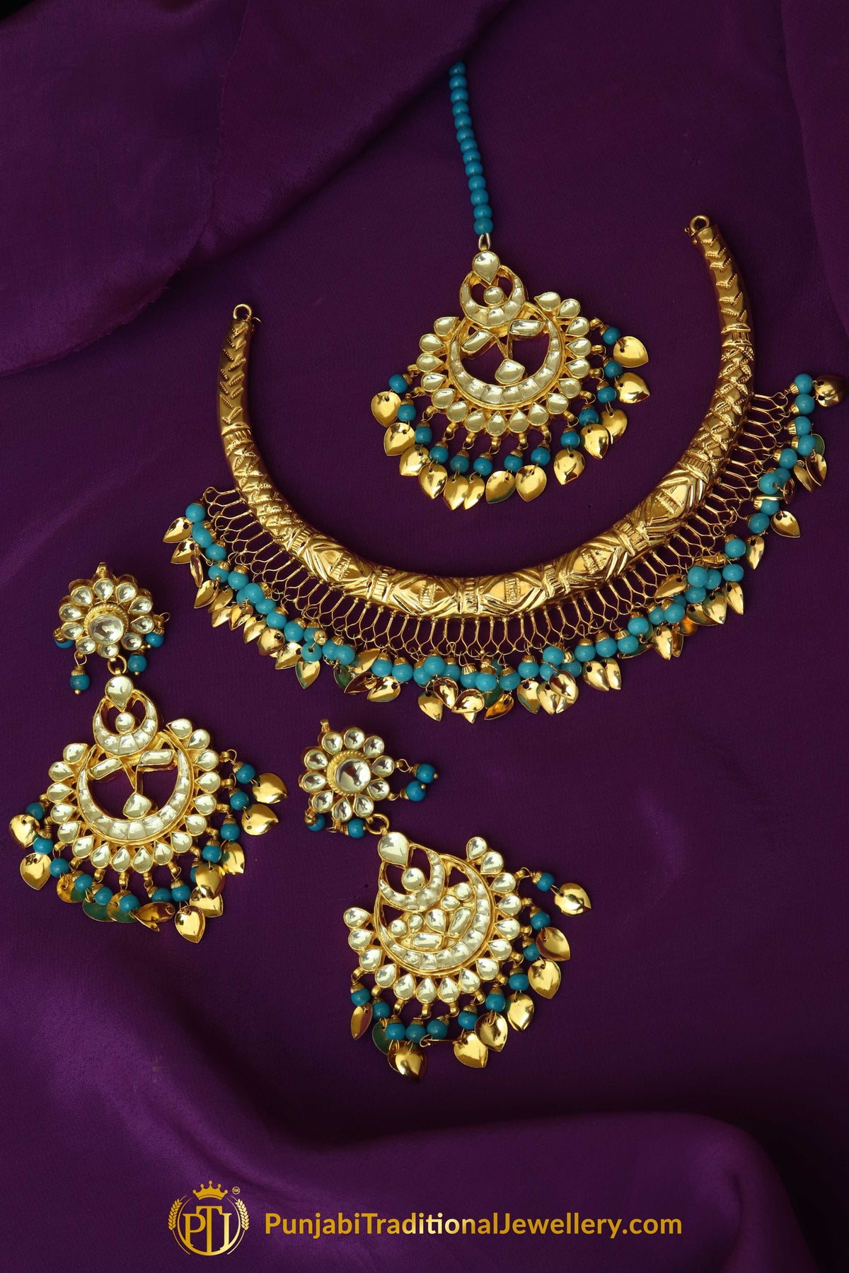 Hayah Gold Finished Firozi Pippal Patti Hasli Necklace, Tikka & Kundan Earrings | Punjabi Traditional Jewellery Exclusive