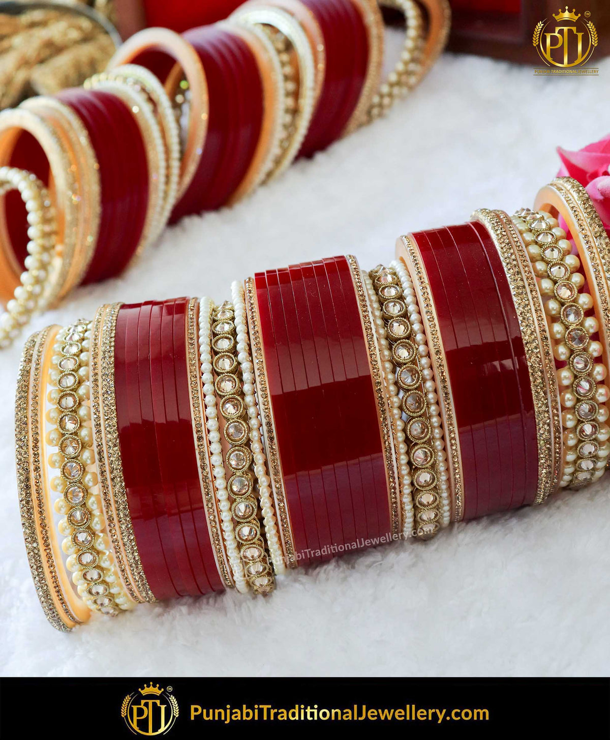Red Champagne Stone Pearl Bridal Chura | Punjabi Traditional Jewellery Exclusive