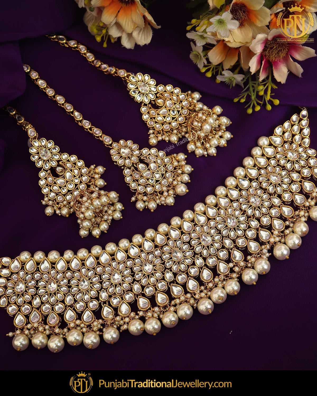 Gold Finished Kundan Pearl Choker Necklace & Sahare Earrings | Punjabi Traditional Jewellery Exclusive
