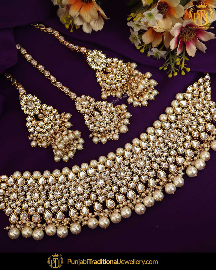 Gold Finished Kundan Pearl Choker Necklace & Sahare Earrings | Punjabi Traditional Jewellery Exclusive