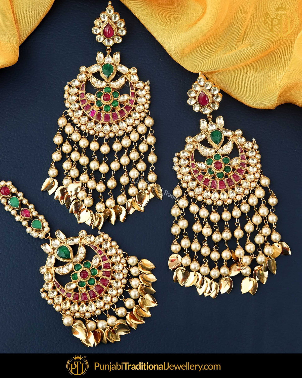 Gold Finished Navratan Kundan Pippal Patti Earring Tikka Set | Punjabi Traditional Jewellery Exclusive