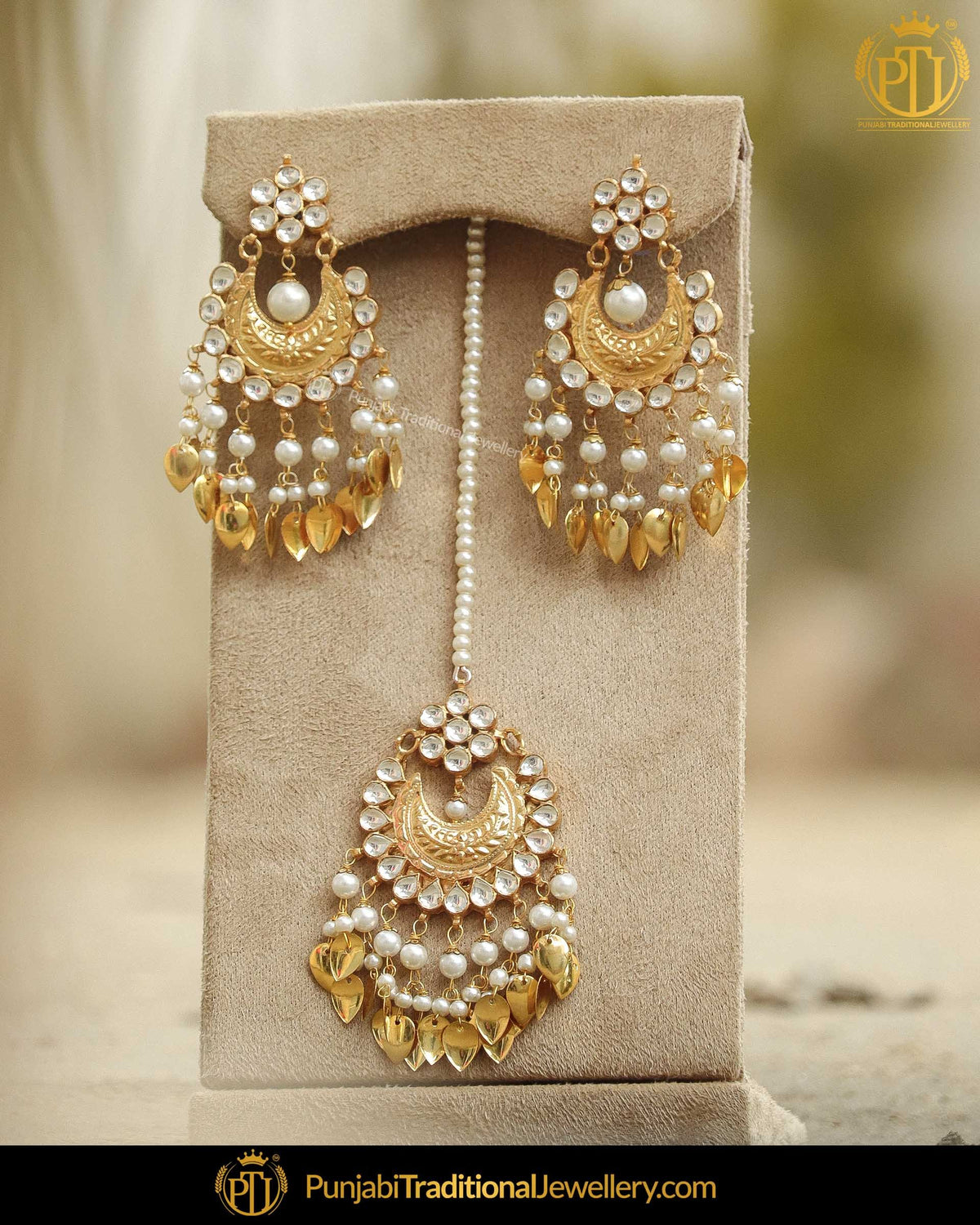 Gold Finished Pippal Patti Kundan Pearl Earring Tikka Set | Punjabi Traditional Jewellery Exclusive