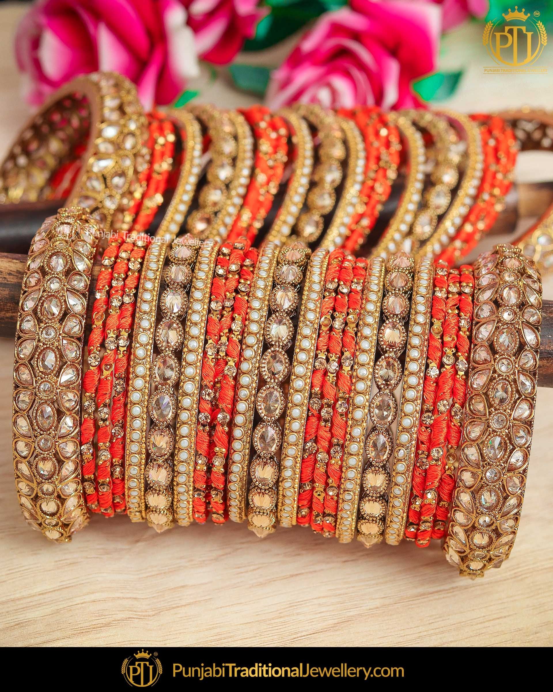 Orange thread champagne stone Bangles Set (Both Hand Pair) | Punjabi Traditional Jewellery Exclusive