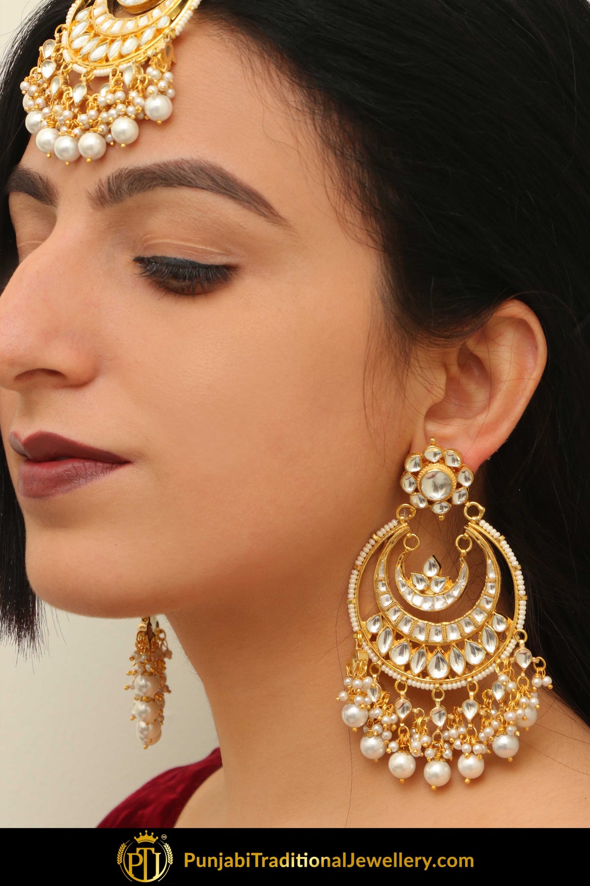 Rahmiya Kundan Pearl ChandBali Earring Tikka Set | Punjabi Traditional Jewellery Exclusive