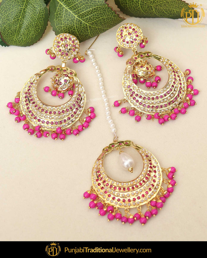Gold Finished Pink Jadau Pearl Earring Tikka Set  | Punjabi Traditional Jewellery Exclusive
