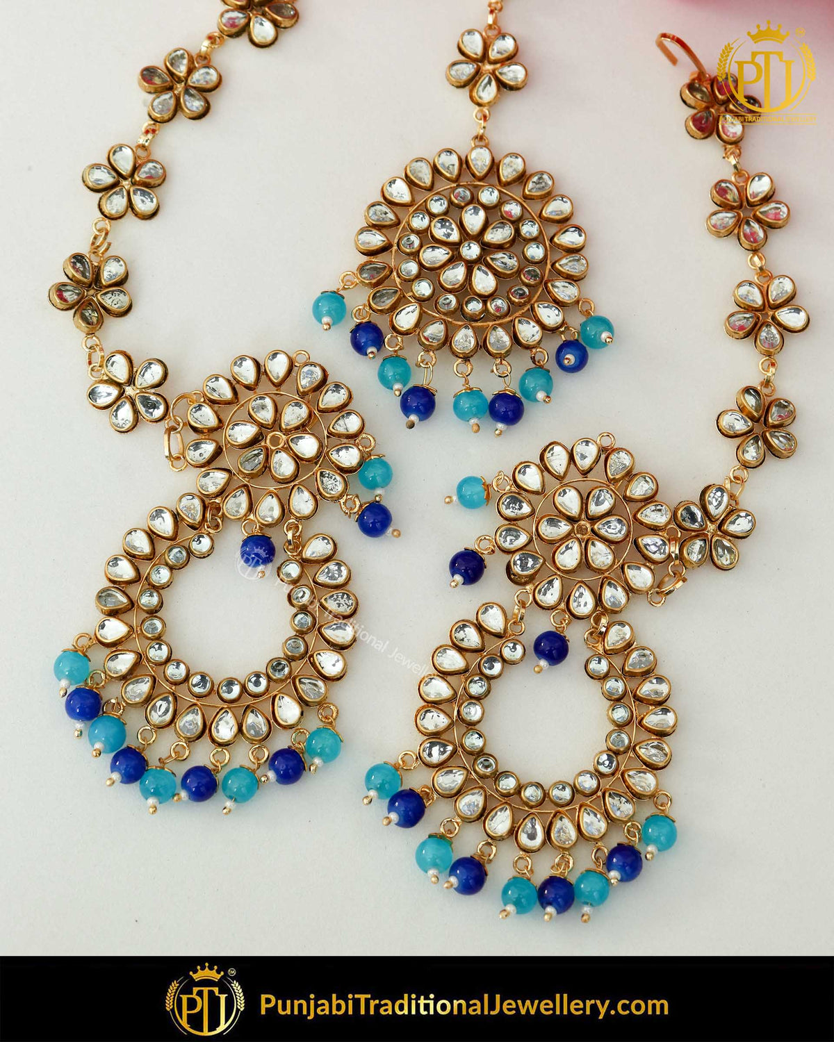Gold Finished Pearl Sky/Blue Kundan Sahare Earrings & Tikka Set | Punjabi Traditional Jewellery Exclusive