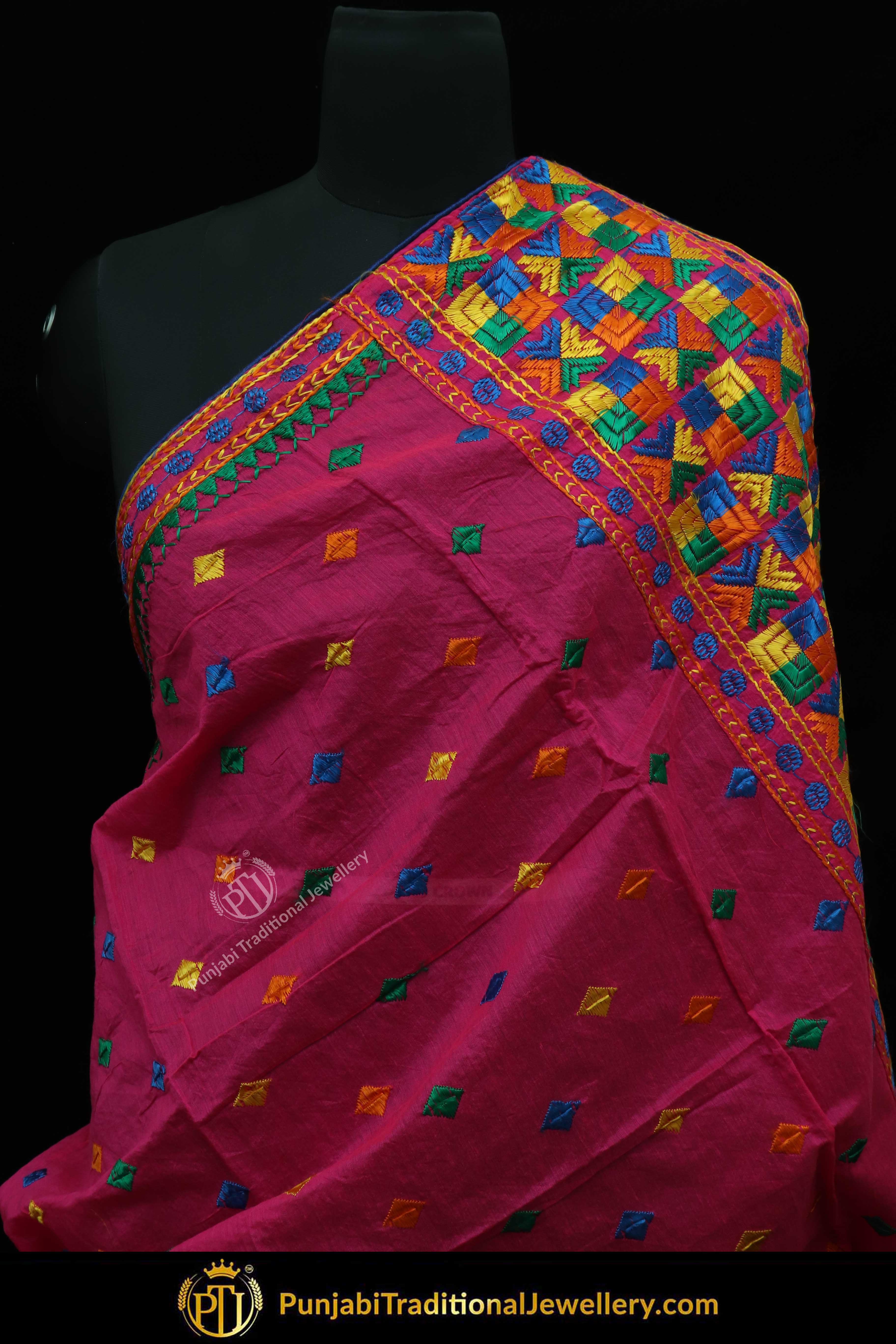 Pink Color Pure Phulkari Dupatta By Punjabi Traditional Jewellery