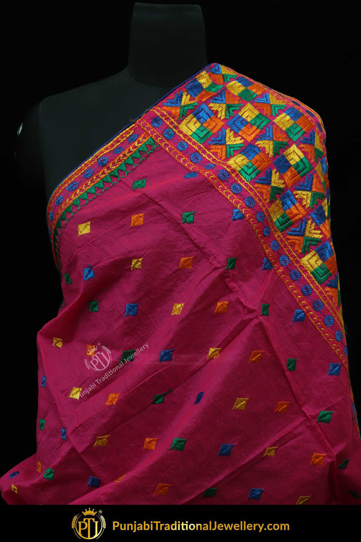 Pink Color Pure Phulkari Dupatta By Punjabi Traditional Jewellery