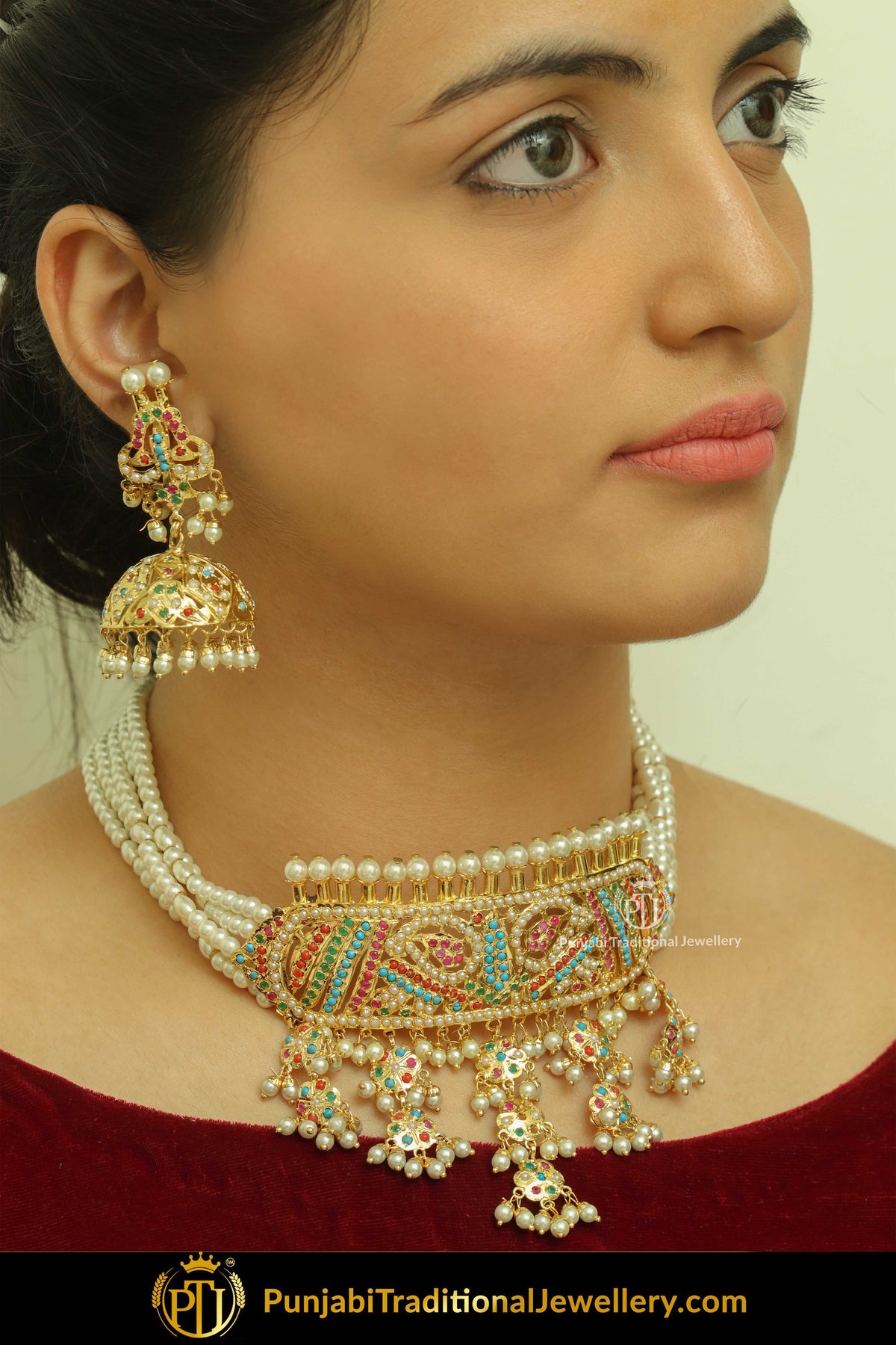 Jaziya Gold Finished Navratan Jadau Choker Necklace & Earrings | Punjabi Traditional Jewellery Exclusive