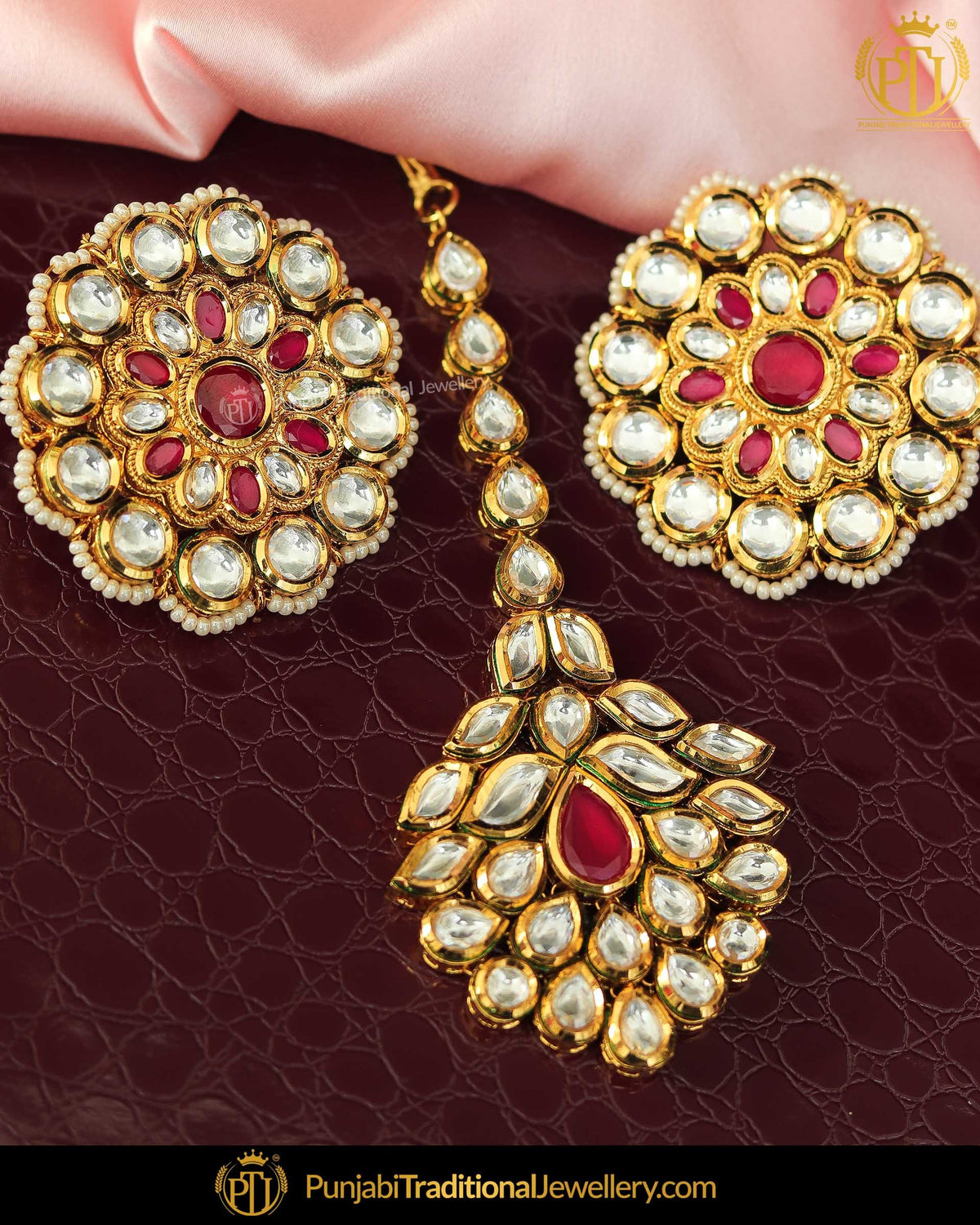 Gold Finished Kundan & Stud Rubby Pearl Earrings & Tikka Set | Punjabi Traditional Jewellery Exclusive
