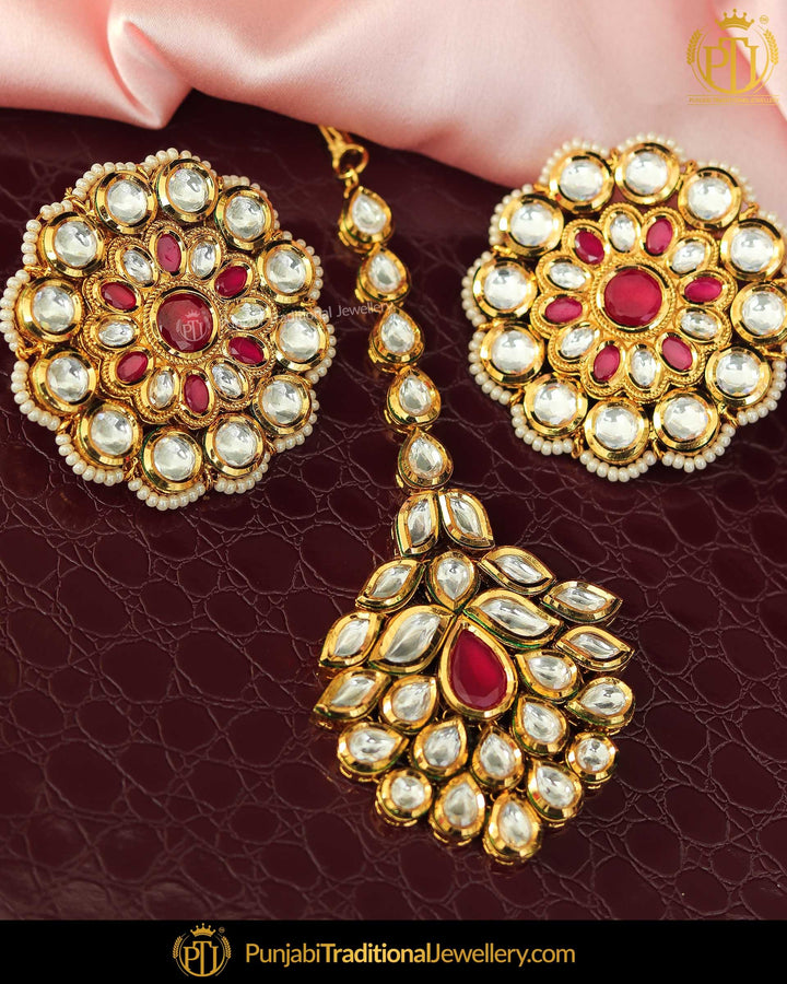 Gold Finished Kundan & Stud Rubby Pearl Earrings & Tikka Set | Punjabi Traditional Jewellery Exclusive