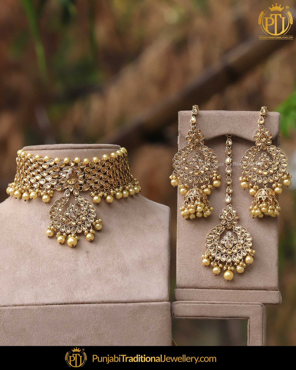 Gold Finished Kundan Pearl Choker Necklace Set | Punjabi Traditional Jewellery Exclusive