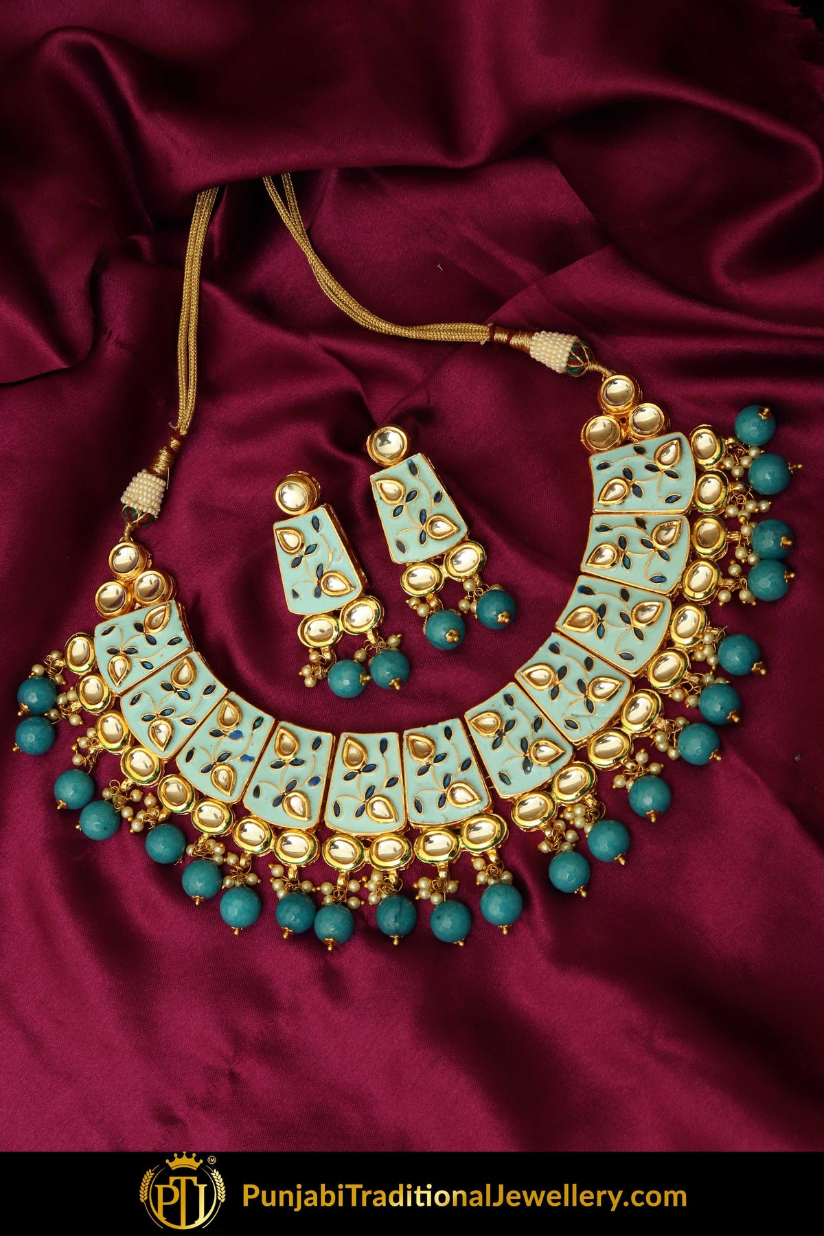 Jihan Hand Painted Firozi Kundan Necklace Set & Earrings | Punjabi Traditional Jewellery Exclusive