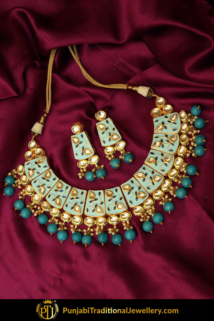 Jihan Hand Painted Firozi Kundan Necklace Set & Earrings | Punjabi Traditional Jewellery Exclusive