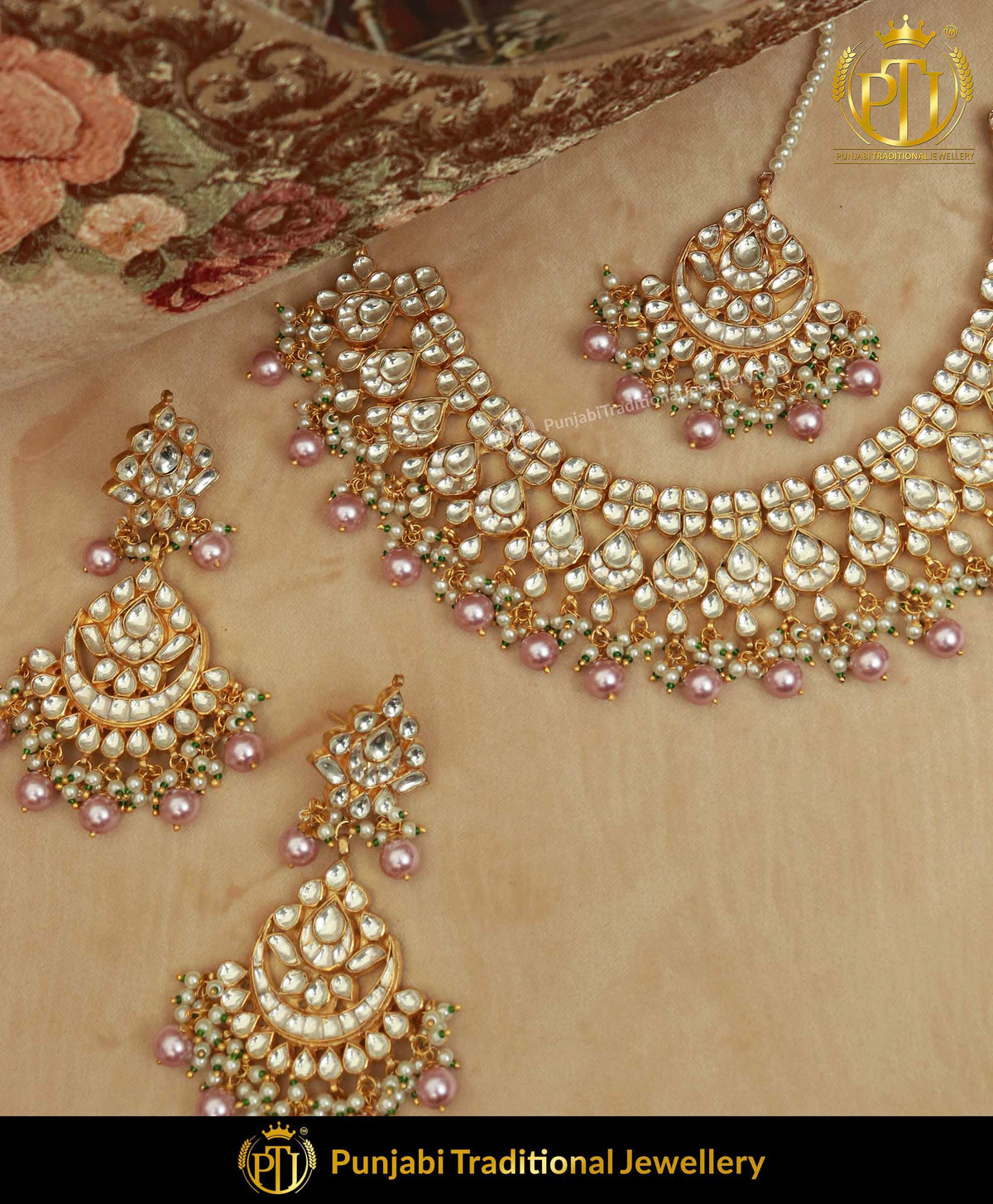 Kundan Metallic Pink Pearl Necklace & Earrings | Punjabi Traditional Jewellery Exclusive