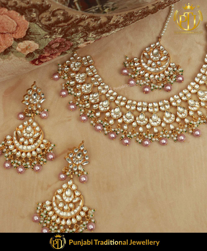 Kundan Metallic Pink Pearl Necklace & Earrings | Punjabi Traditional Jewellery Exclusive