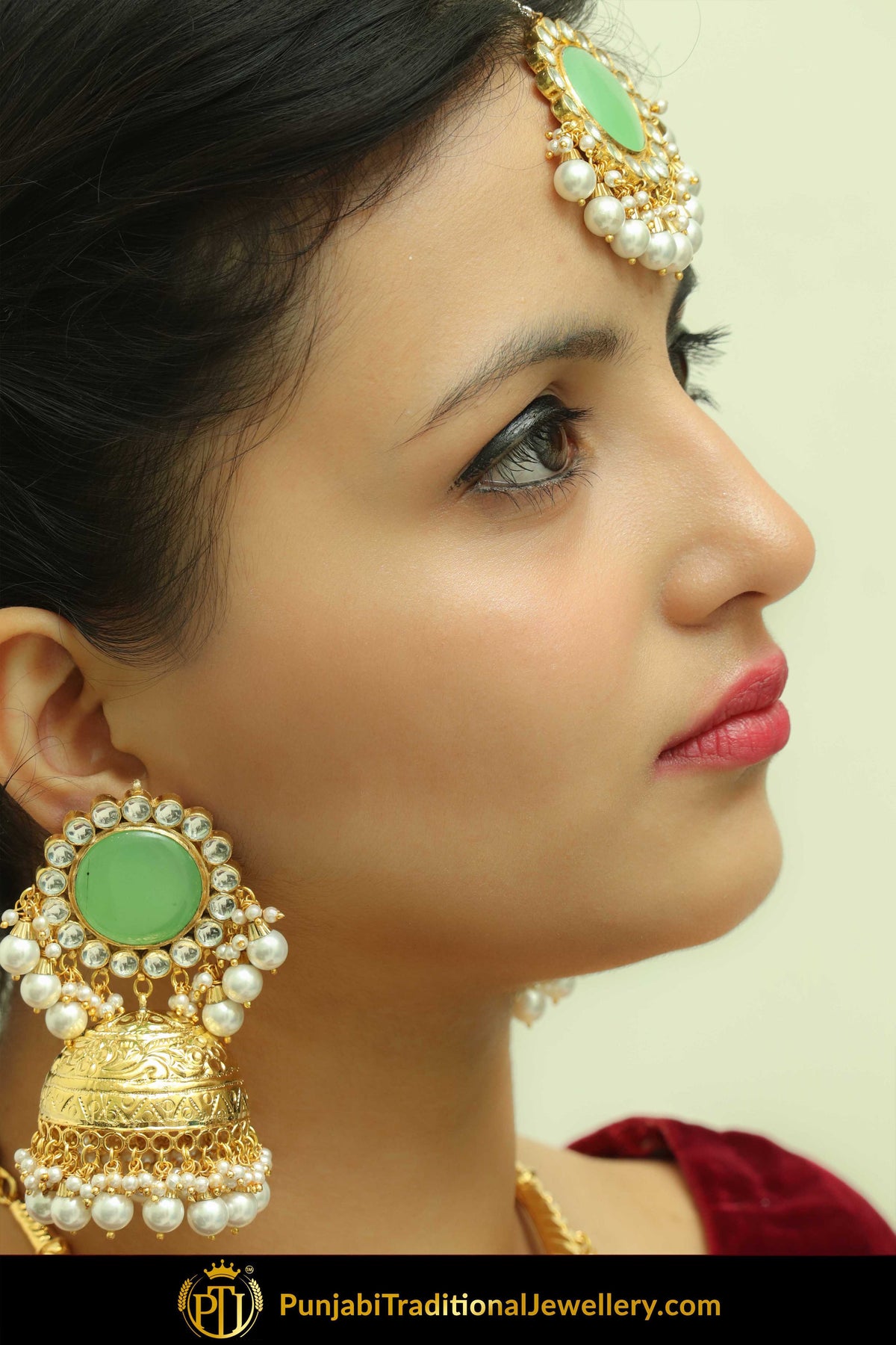 Arditi Gold Finished New Jade Tikka & Jhumki Earrings | Punjabi Traditional Jewellery Exclusive