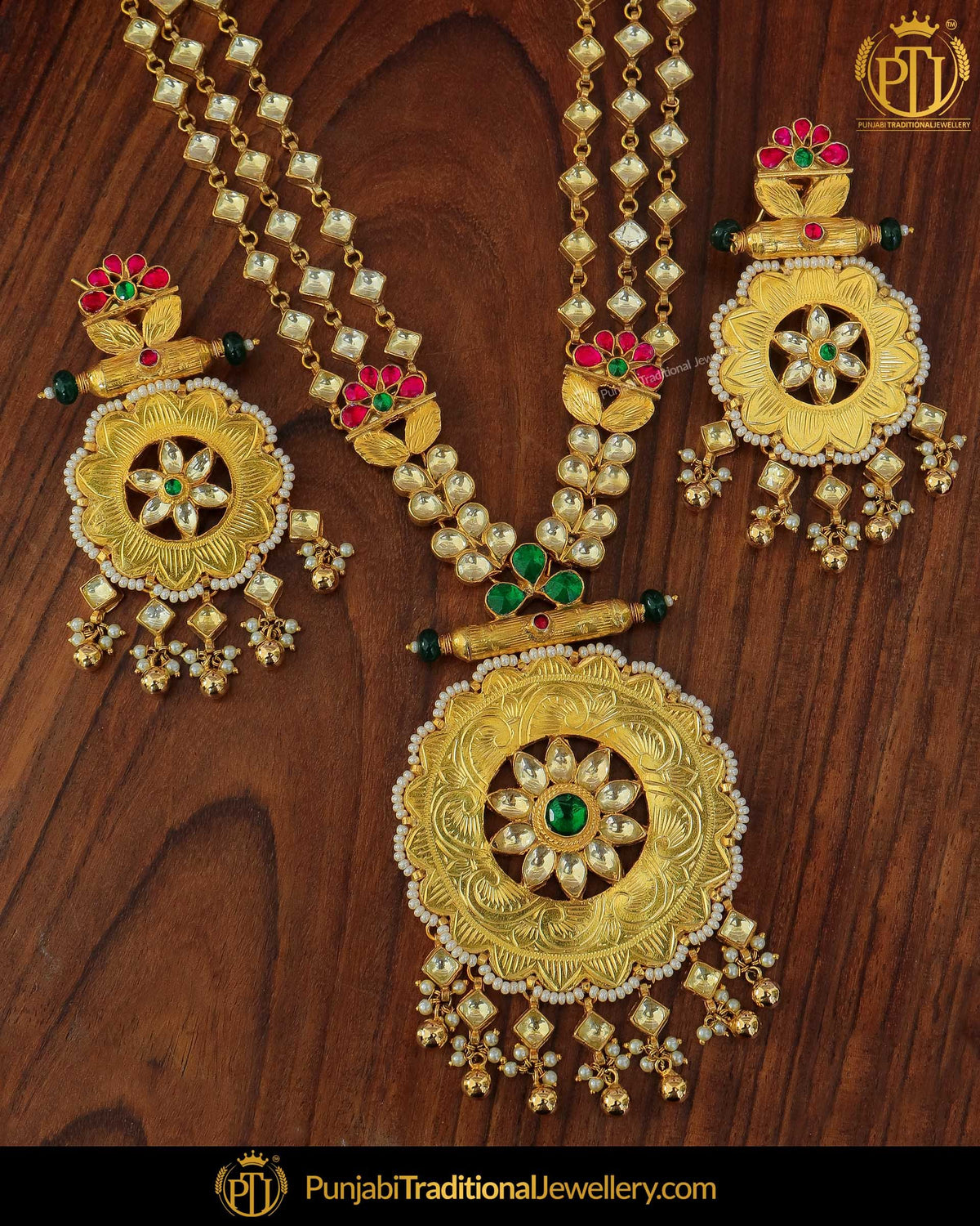 Gold Finished Emerald Rubby Kundan Bridal Johda Necklace Set | Punjabi Traditional Jewellery Exclusive