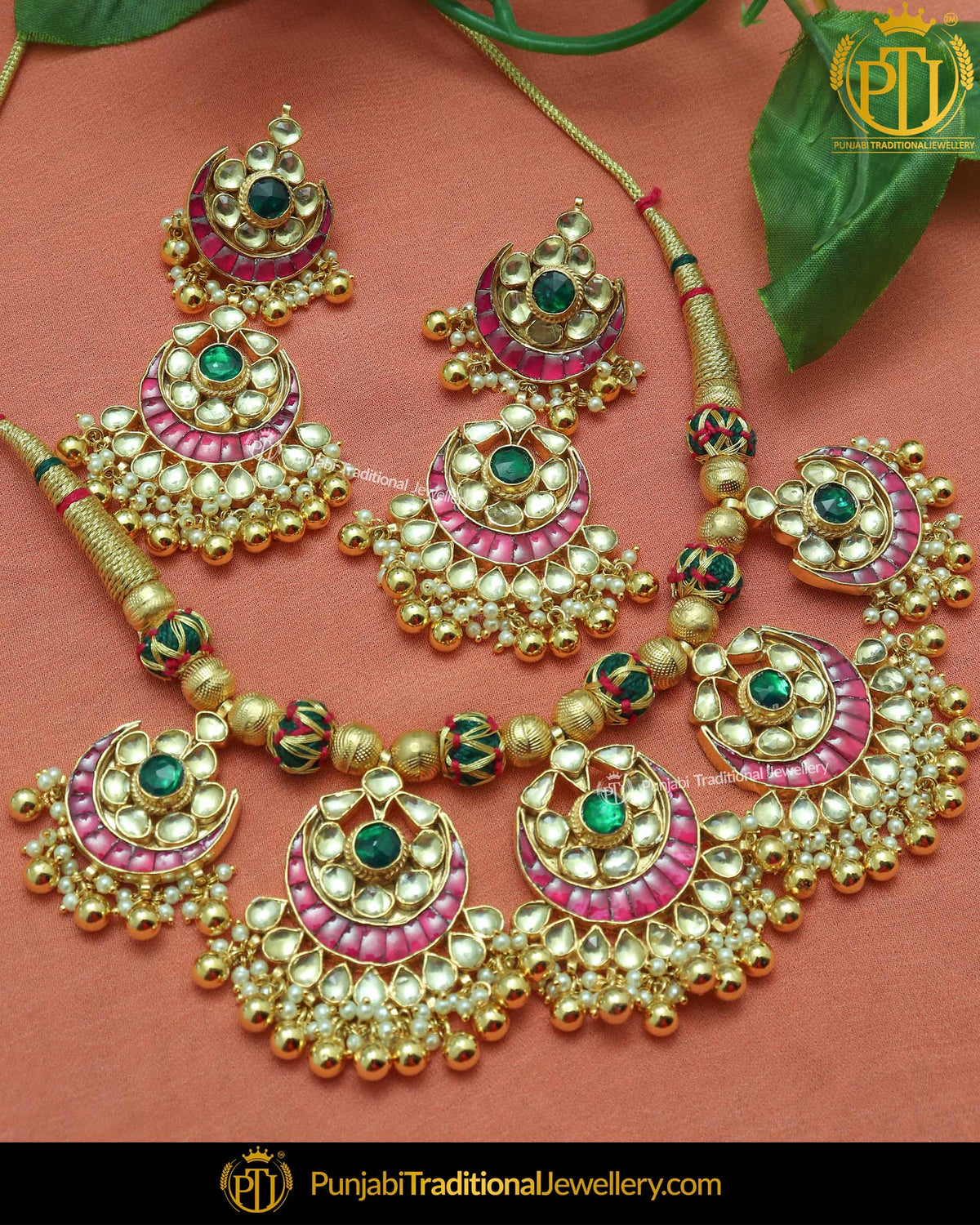 Gold Finished Emerald Rubby Kundan Necklace, Tikka & Earrings | Punjabi Traditional Jewellery Exclusive
