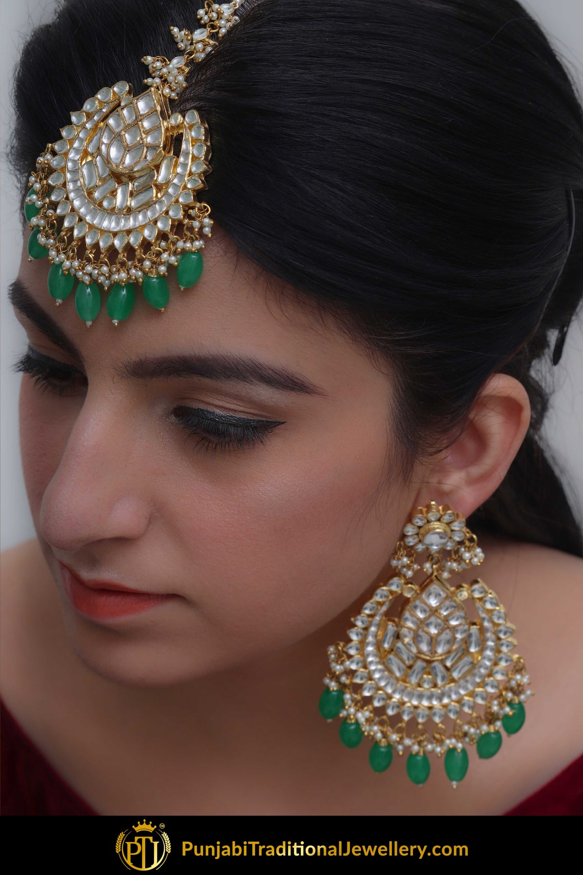 Hafeezah Emerald Kundan Earring Tikka Set | Punjabi Traditional Jewellery Exclusive