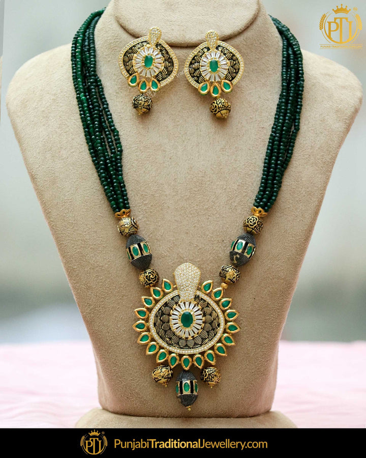 Gold Finished Emerald Pearl Kundan Mala Necklace Set | Punjabi Traditional Jewellery Exclusive