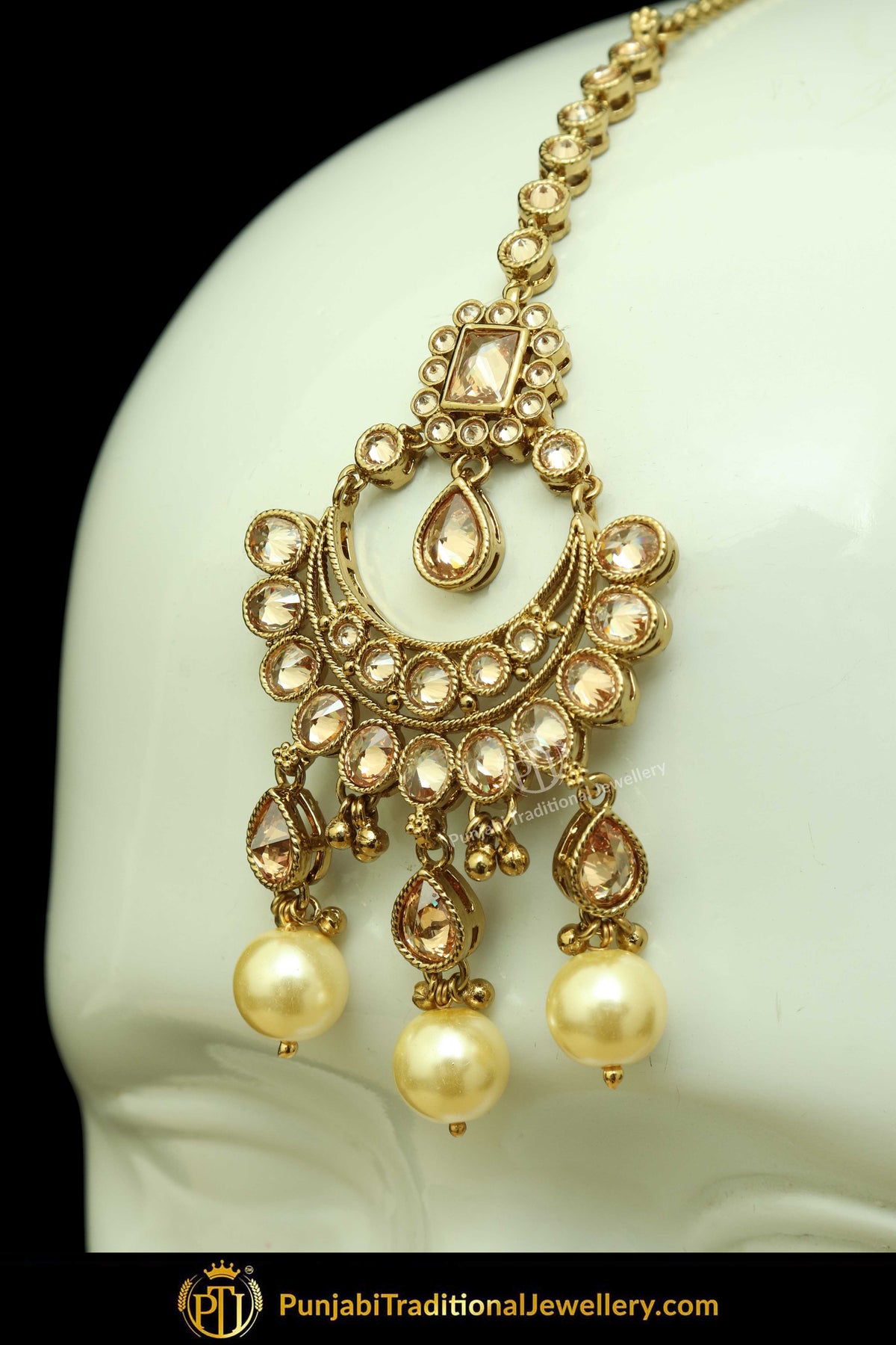 Antique Gold Finised Champagne Stone Pearl Earring Tikka Set By Punjabi Traditional Jewellery