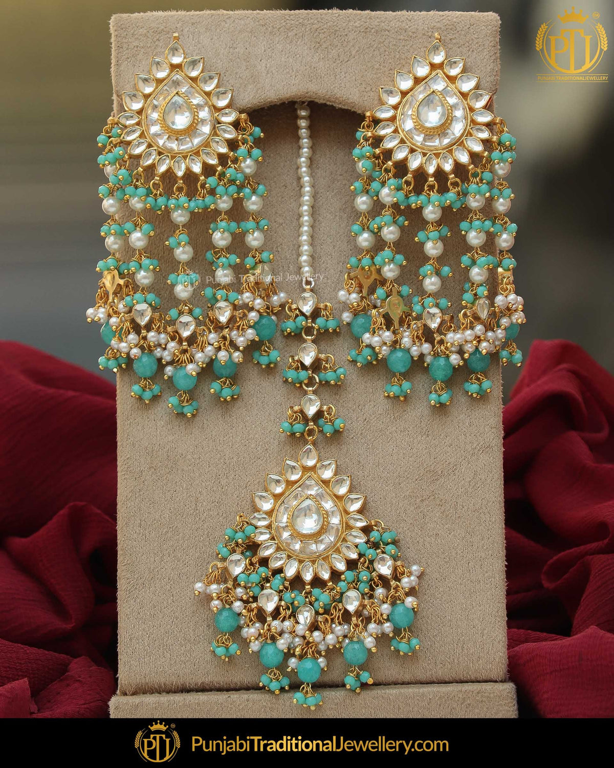 Gold Finsihed Firozi Kundan Pearl Earring Tikka Set | Punjabi Traditional Jewellery Exclusive