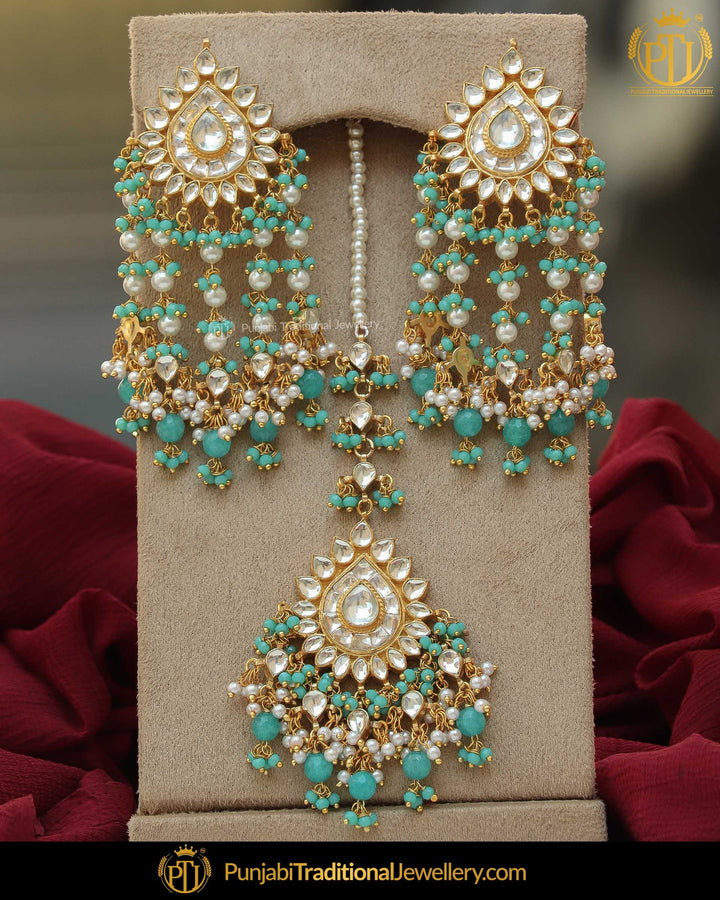 Gold Finsihed Firozi Kundan Pearl Earring Tikka Set | Punjabi Traditional Jewellery Exclusive