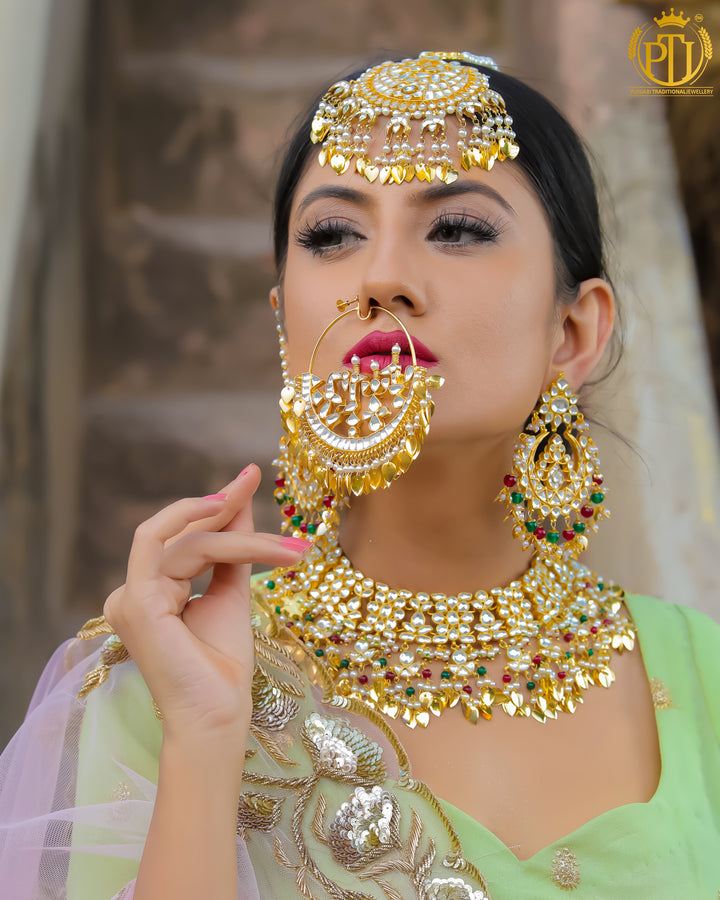 Rubby Emerald Pippal Patti Kundan Necklace Set & Nath | Rawayat by Punjabi Traditional Jewellery