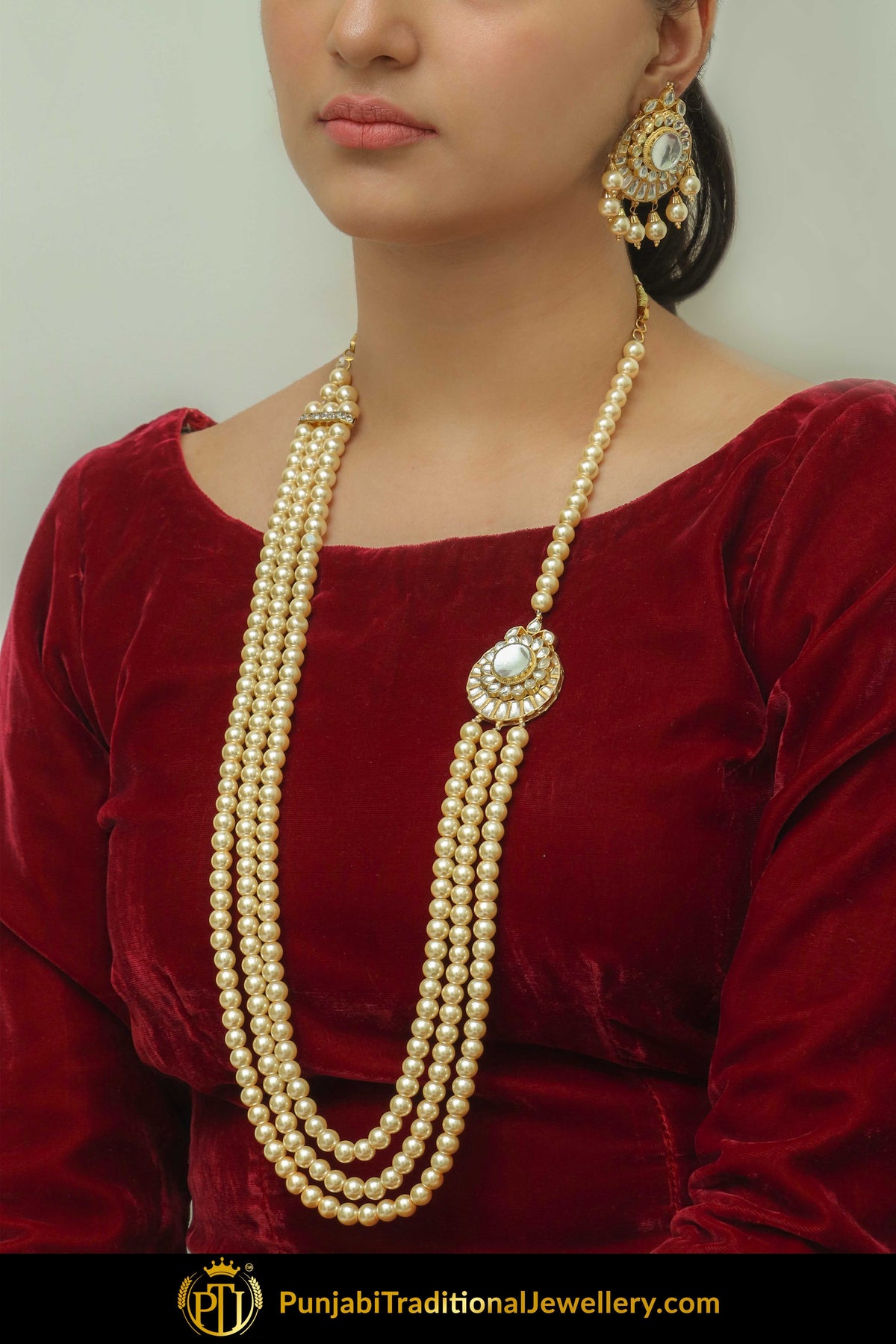 Fadilah Kundan Pearl Mala Set With Stud Earring Tikka Set | Punjabi Traditional Jewellery Exclusive