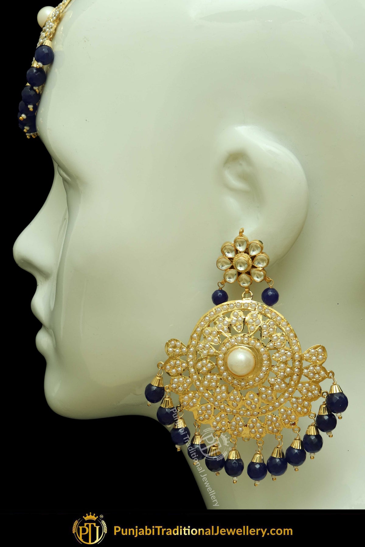 Gold Finished Blue Jadau Pearl Earring Tikka Set | Punjabi Traditional Jewellery Exclusive