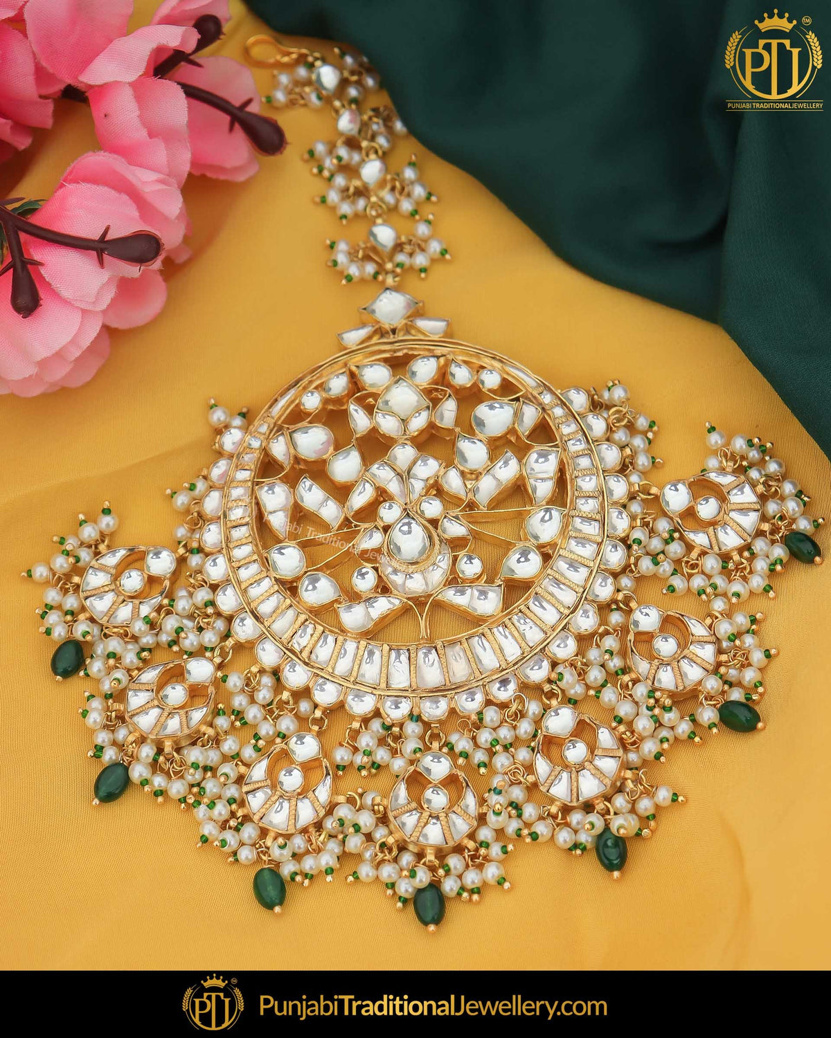Gold Finished Kundan Green Pearl Tikka | Punjabi Traditional Jewellery Exclusive