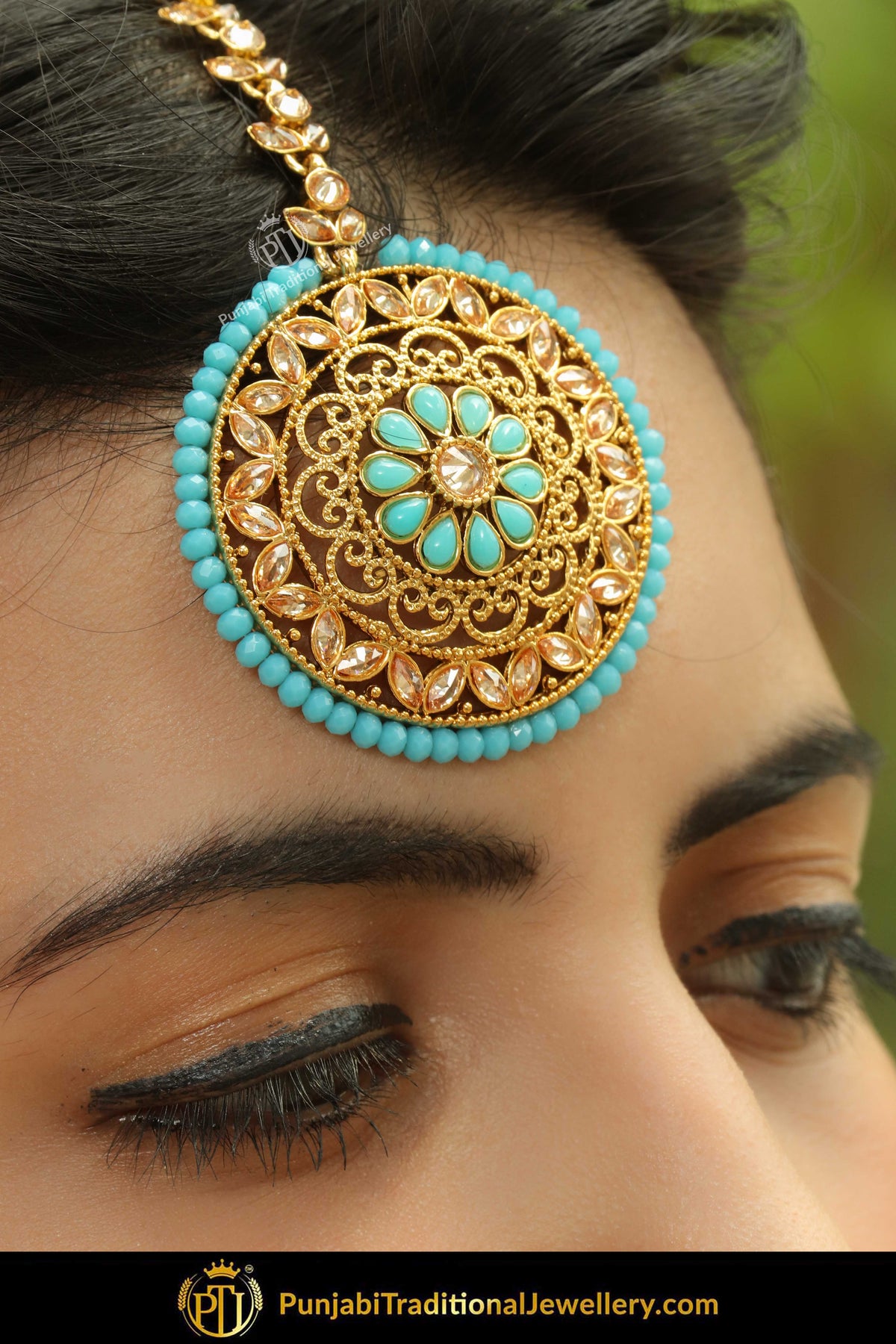 Bahira Gold Finished Firozi Champagne Stone Tikka | Punjabi Traditional Jewellery Exclusive