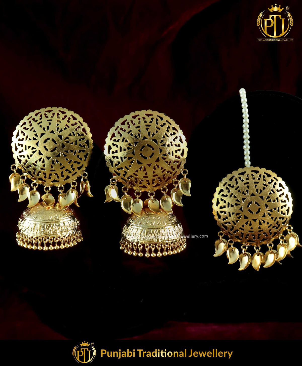 Gold Plated Pippal Patti Jhumki Earrings & Stud Tikka Set | Punjabi Traditional Jewellery Exclusive
