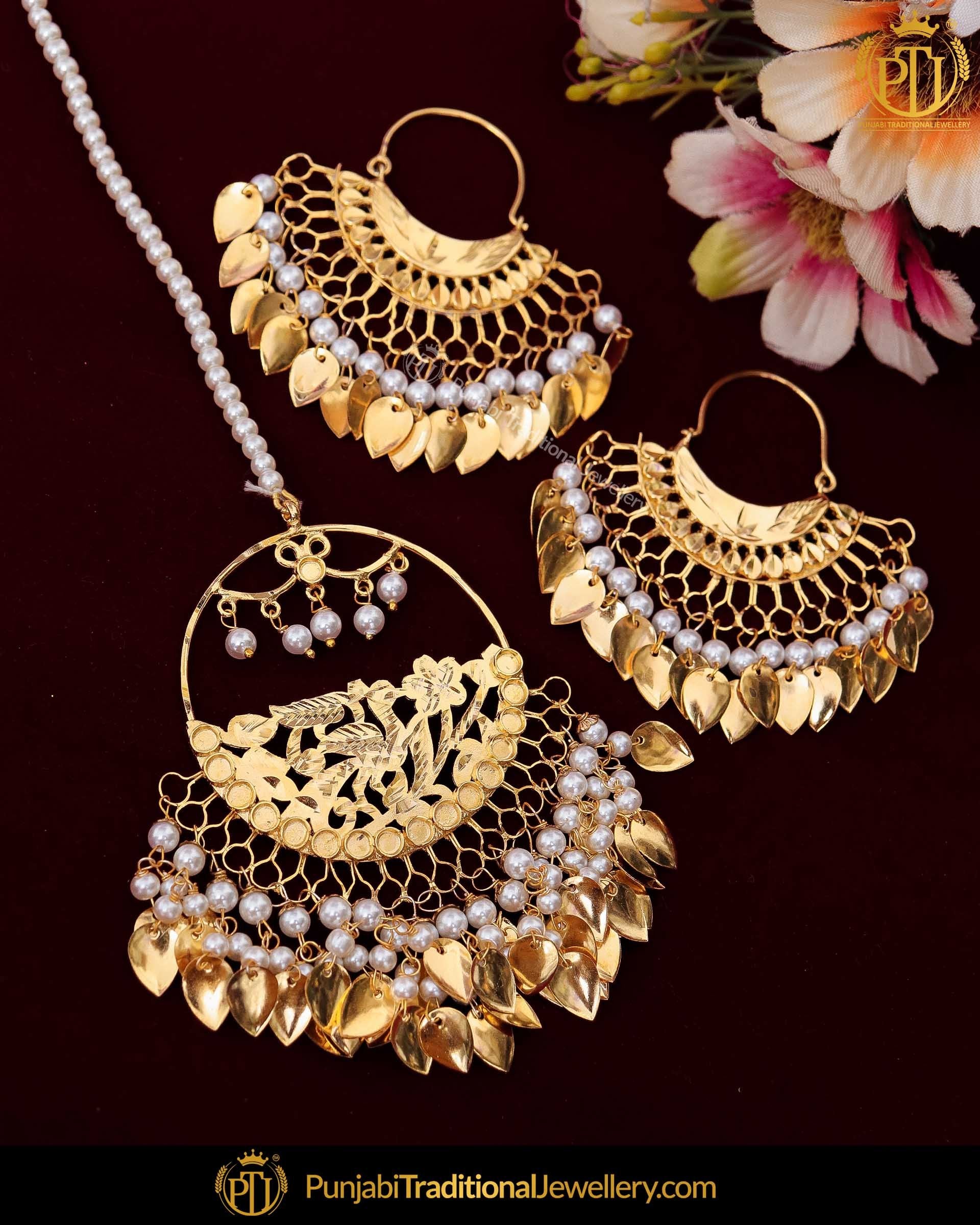 Gold Finished Pearl Pippal Patti Patra Earrring Tikka Set | Punjabi Traditional Jewellery Exclusive