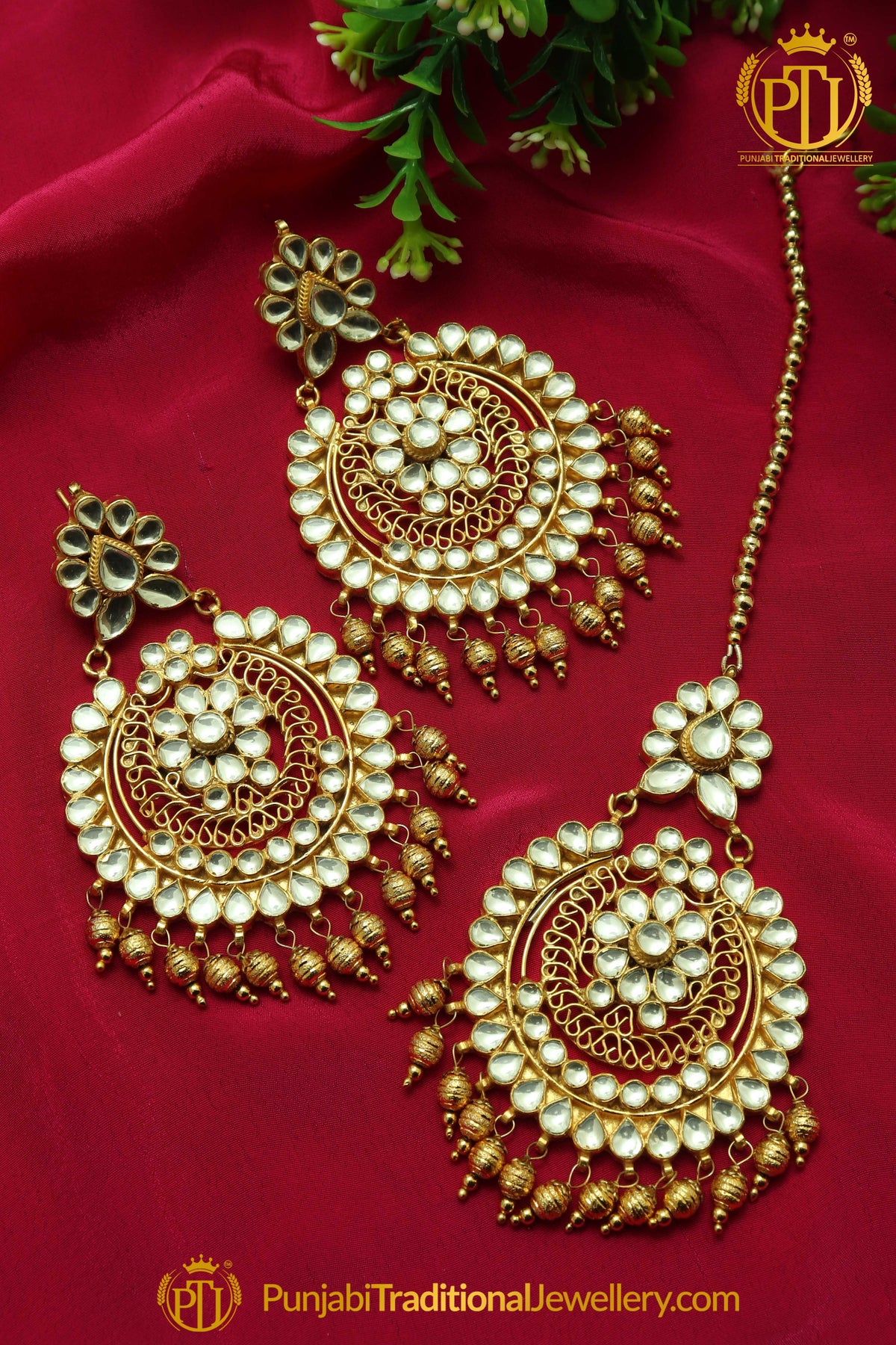 Golden Kundan Pearl Earring Tikka Set | Punjabi Traditional Jewellery Exclusive