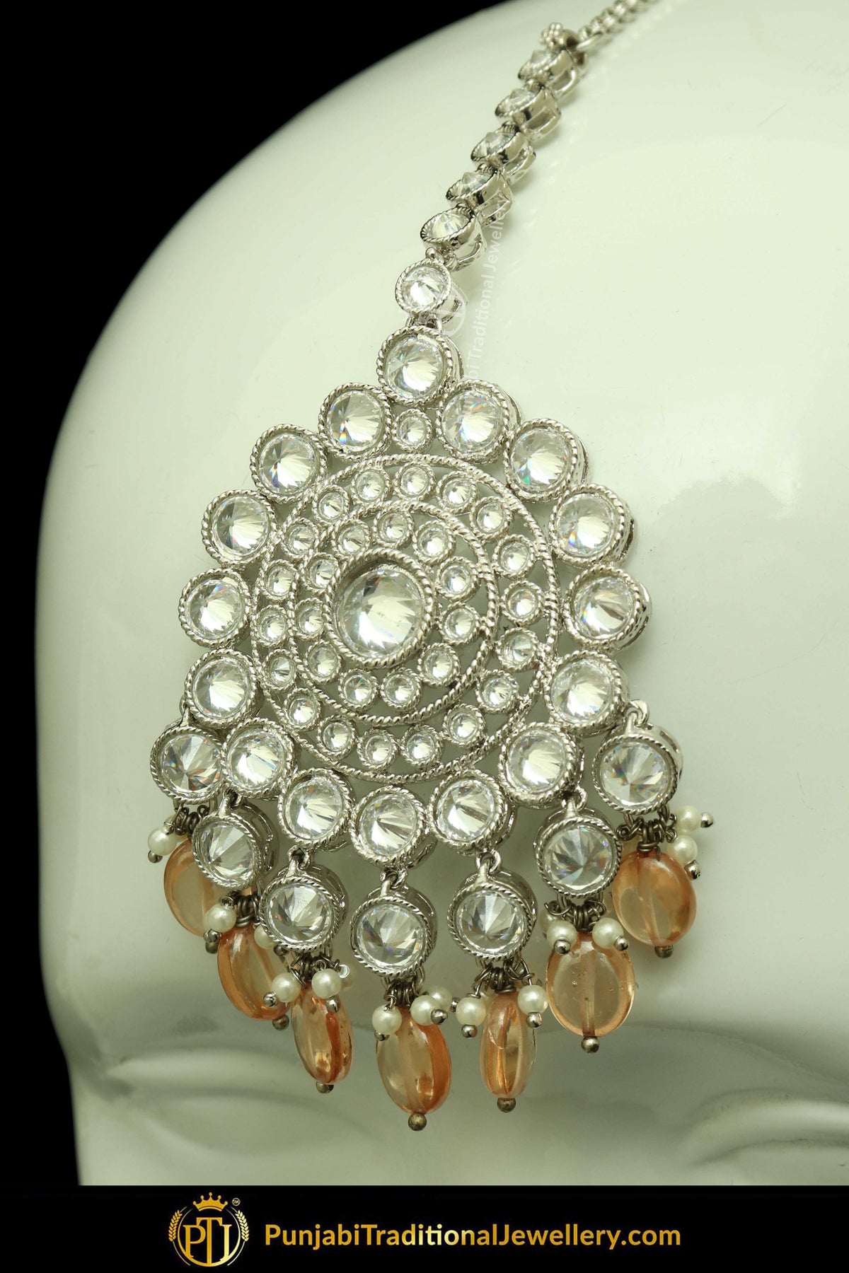 Silver Finished Polki Stone Peach Earrings & Tikka Set By Punjabi Traditional Jewellery