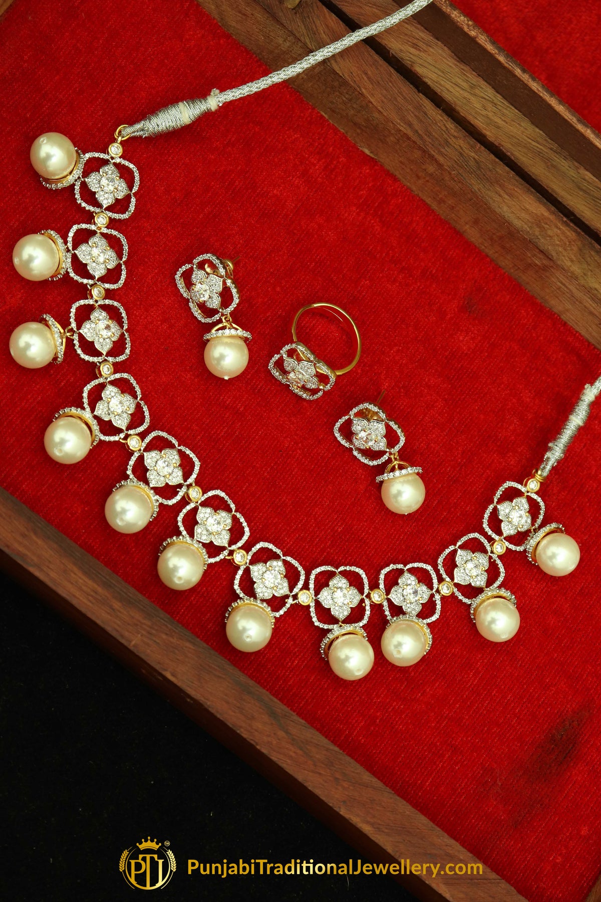 Gold Finished Silver Pearl American diamond Necklace & Earrings | Punjabi Traditional Jewellery Exclusive