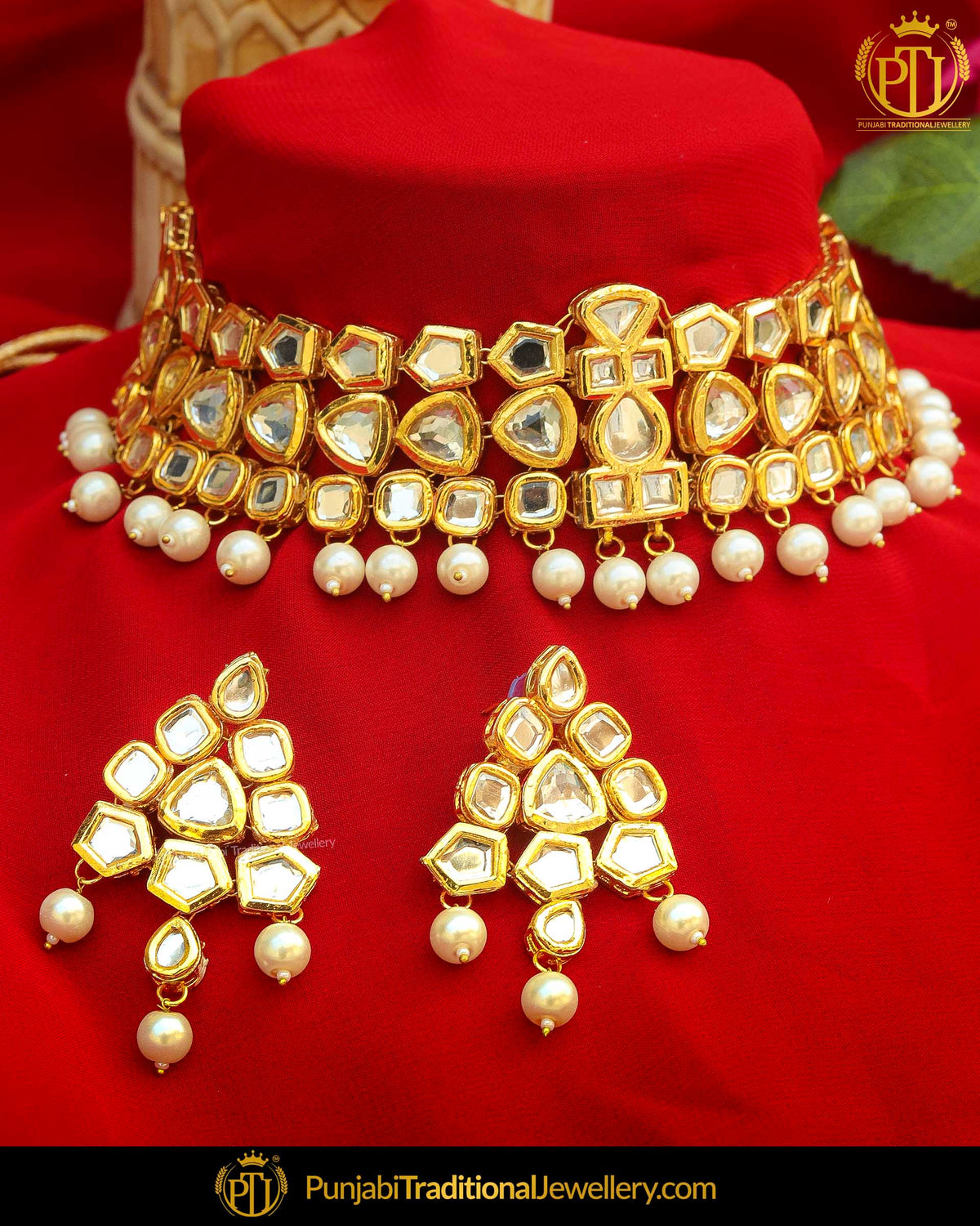 Gold Finished Kundan & Pearl Choker Necklace Set | Punjabi Traditional Jewellery Exclusive