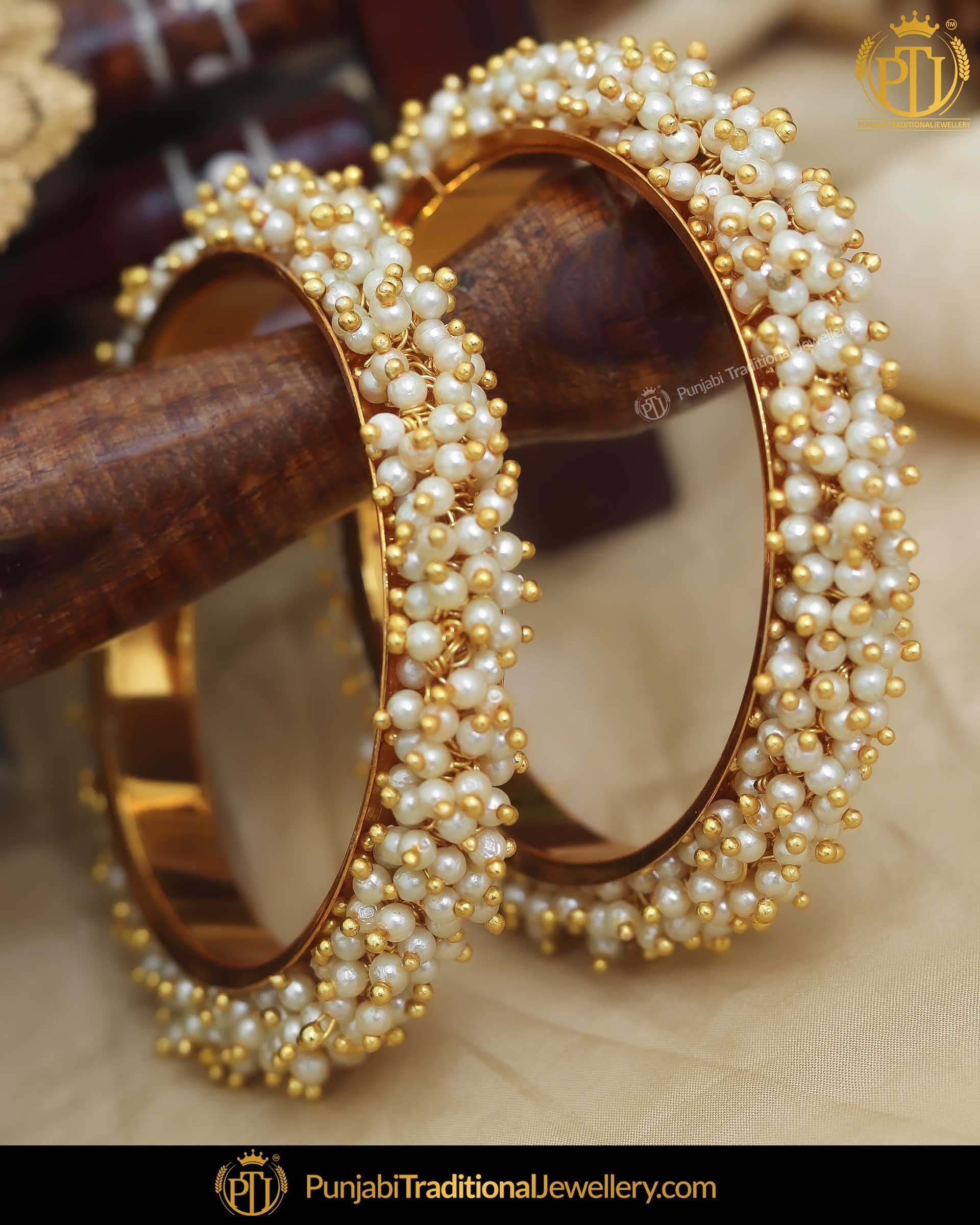 Antique Gold Finished Pearl Karra Bangles (Both Hand Pair) | Punjabi Traditional Jewellery Exclusive