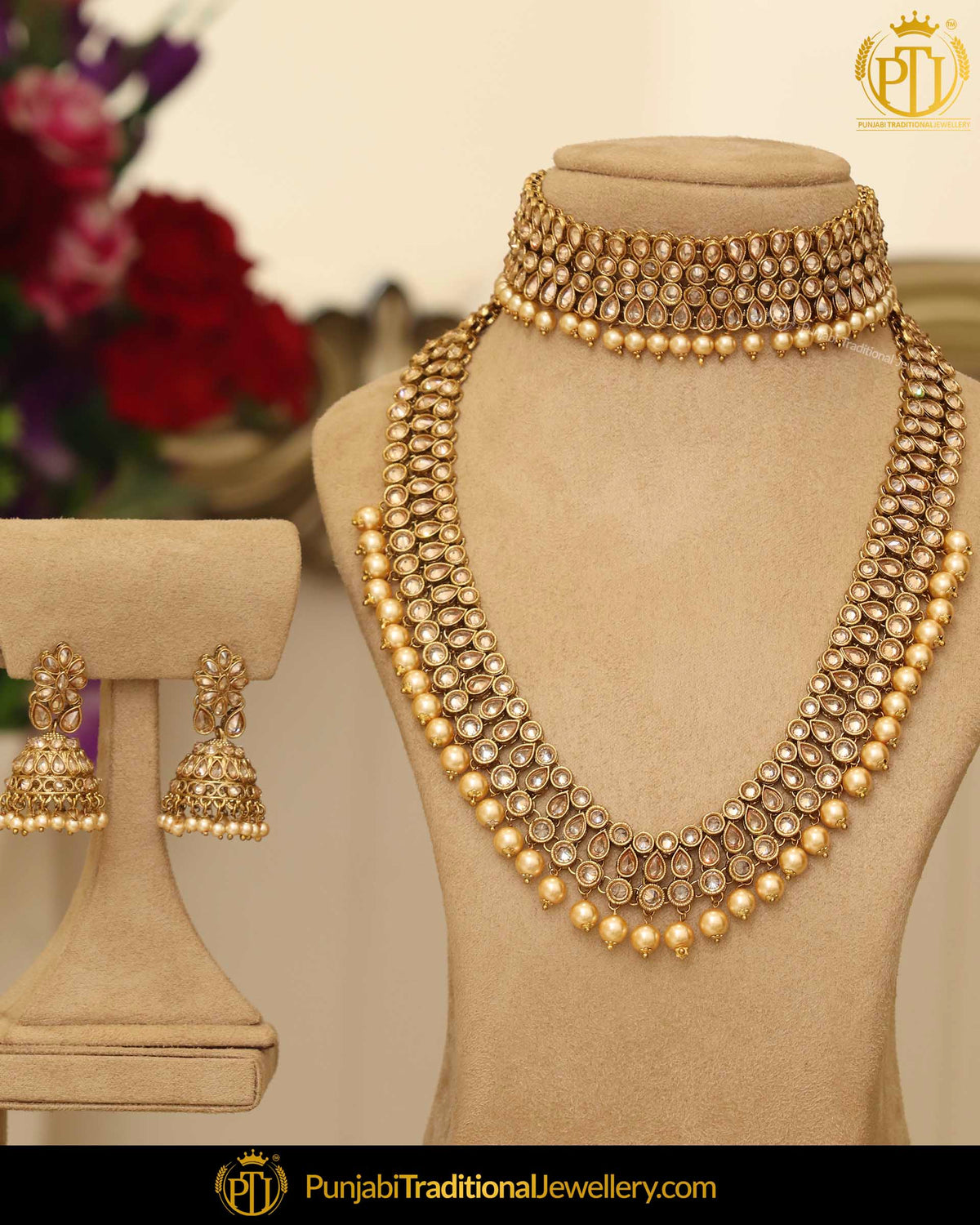 Gold Finished Champagne Pearl Choker Bridal Necklace Set | Punjabi Traditional Jewellery Exclusive