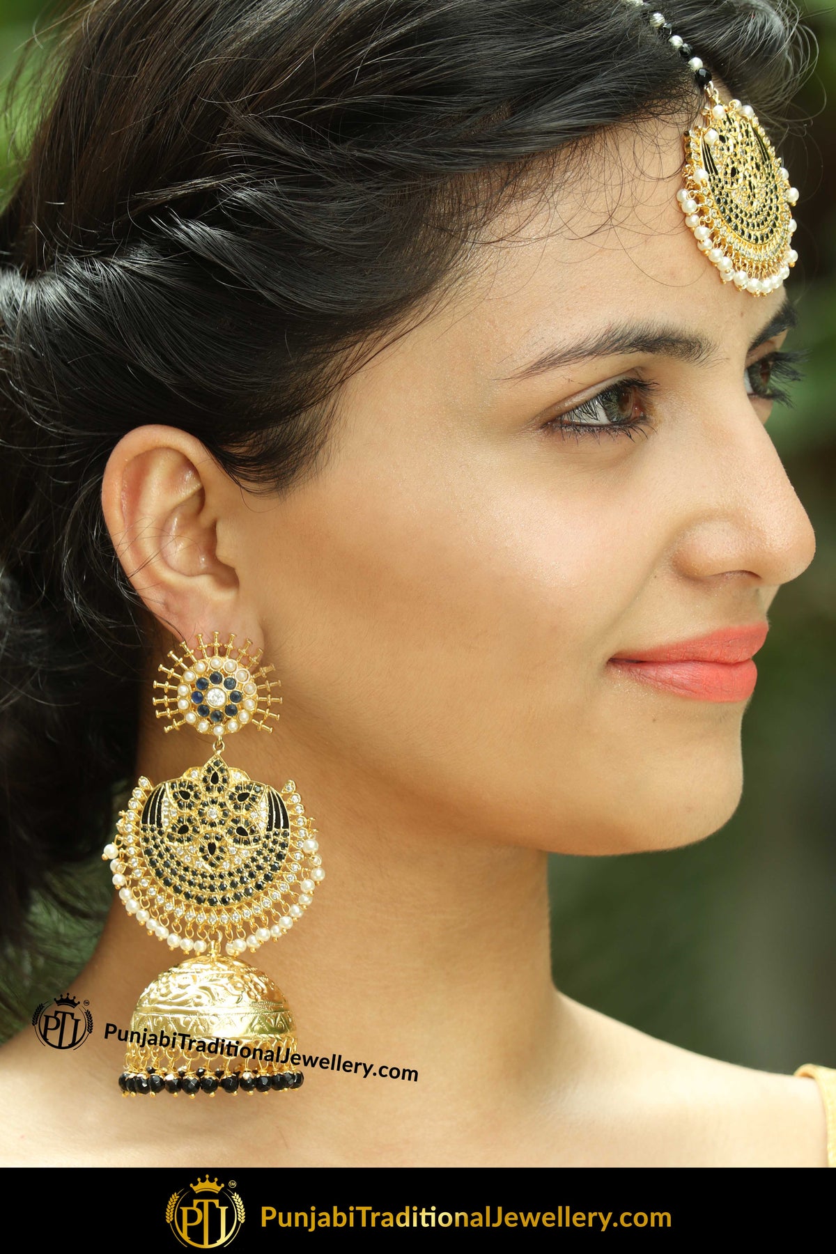 Bahel Gold Finished Black Jhumki Earring Tikka Set | Punjabi Traditional Jewellery Exclusive